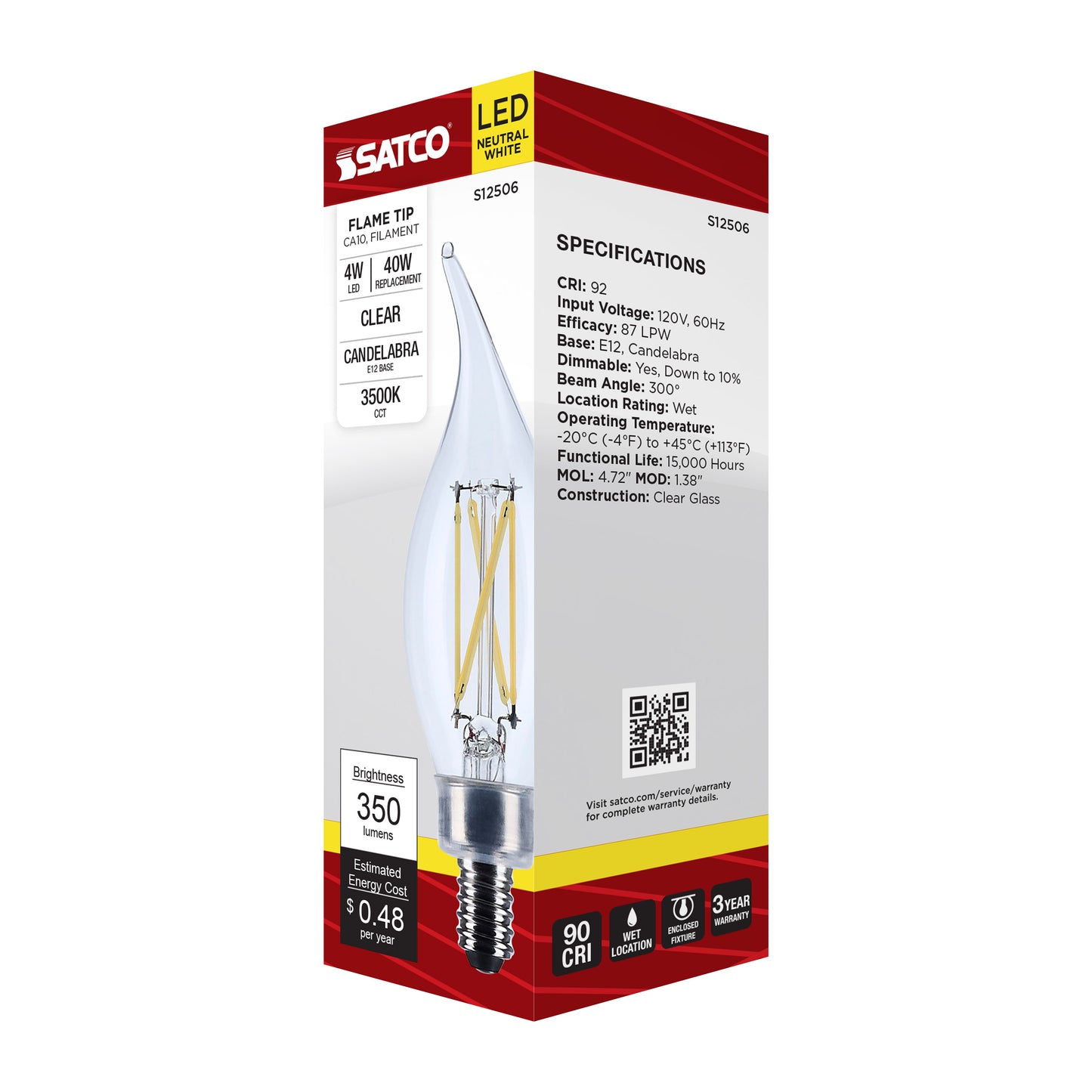 image of 4 Watt CA10 LED - Candelabra Base - Clear - 3500K CCT - 120 Volt