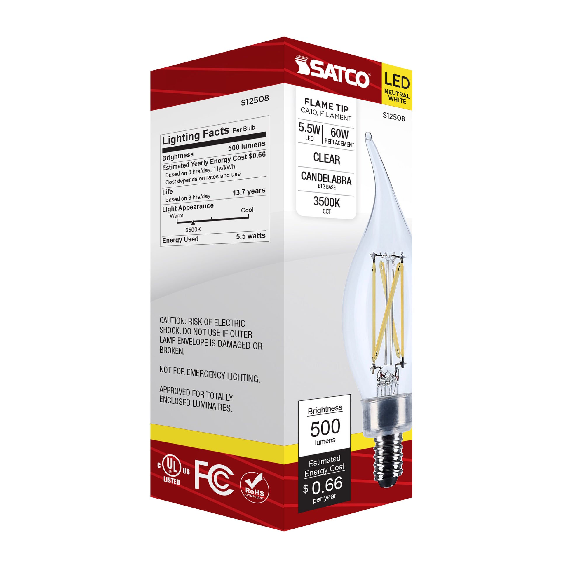 image of 5.5 Watt CA10 LED - Candelabra Base - Clear - 3500K CCT - 120 Volt