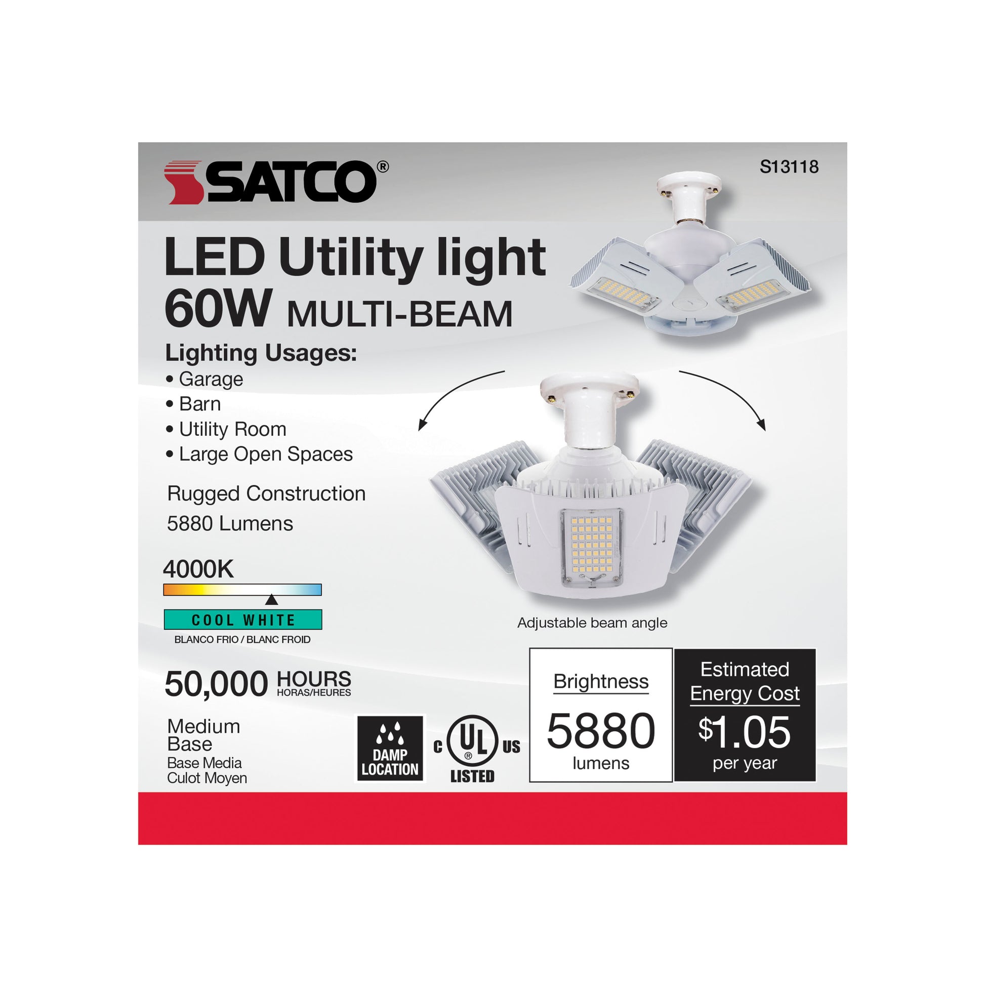 image of 60 Watt LED Utility Light 4000K - Medium base - Adjustable Beam Angle - 100-277 Volt