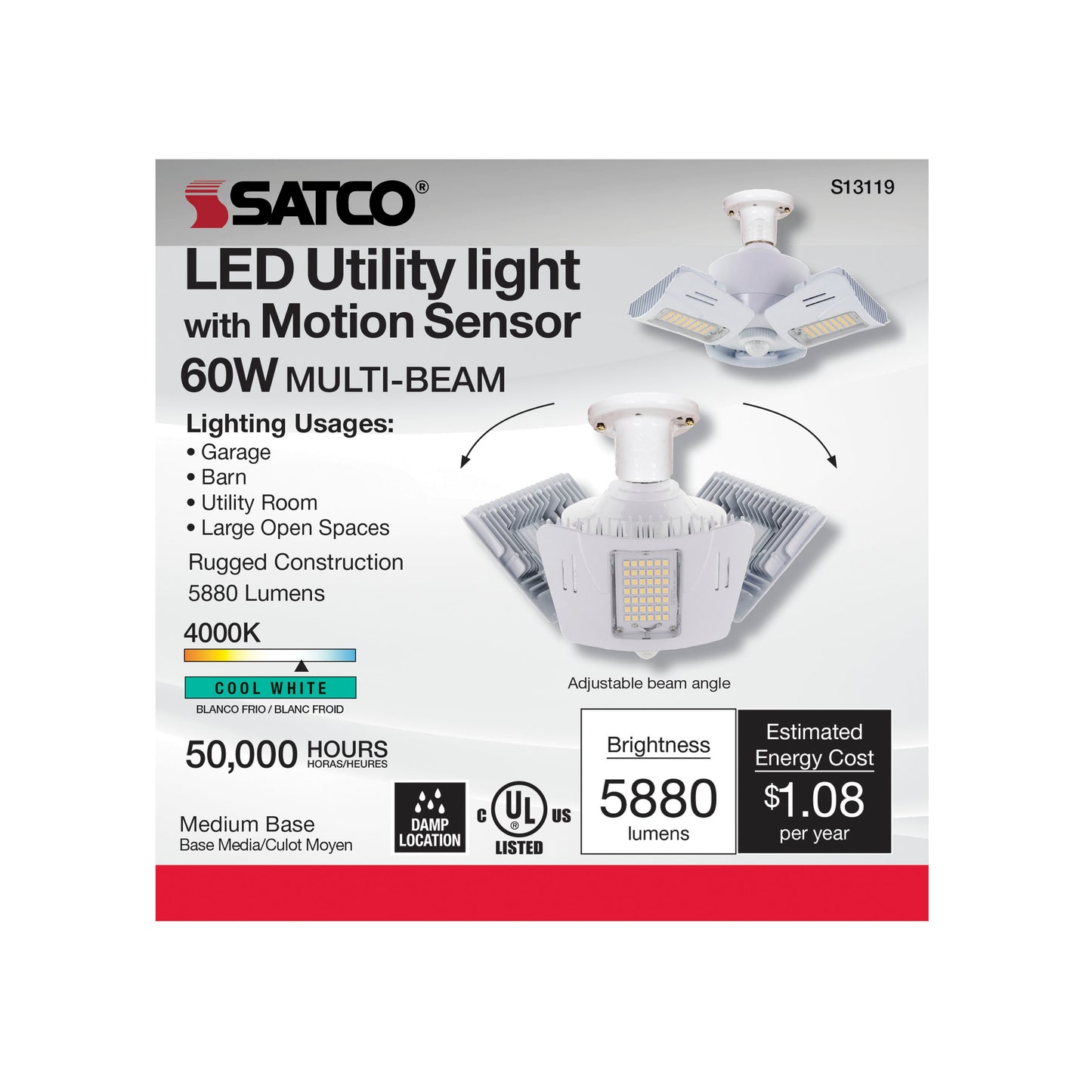 image of 60 Watt LED Motion Sensor Utility Light 4000K - Medium base - Adjustable Beam Angle - 100-277 Volt