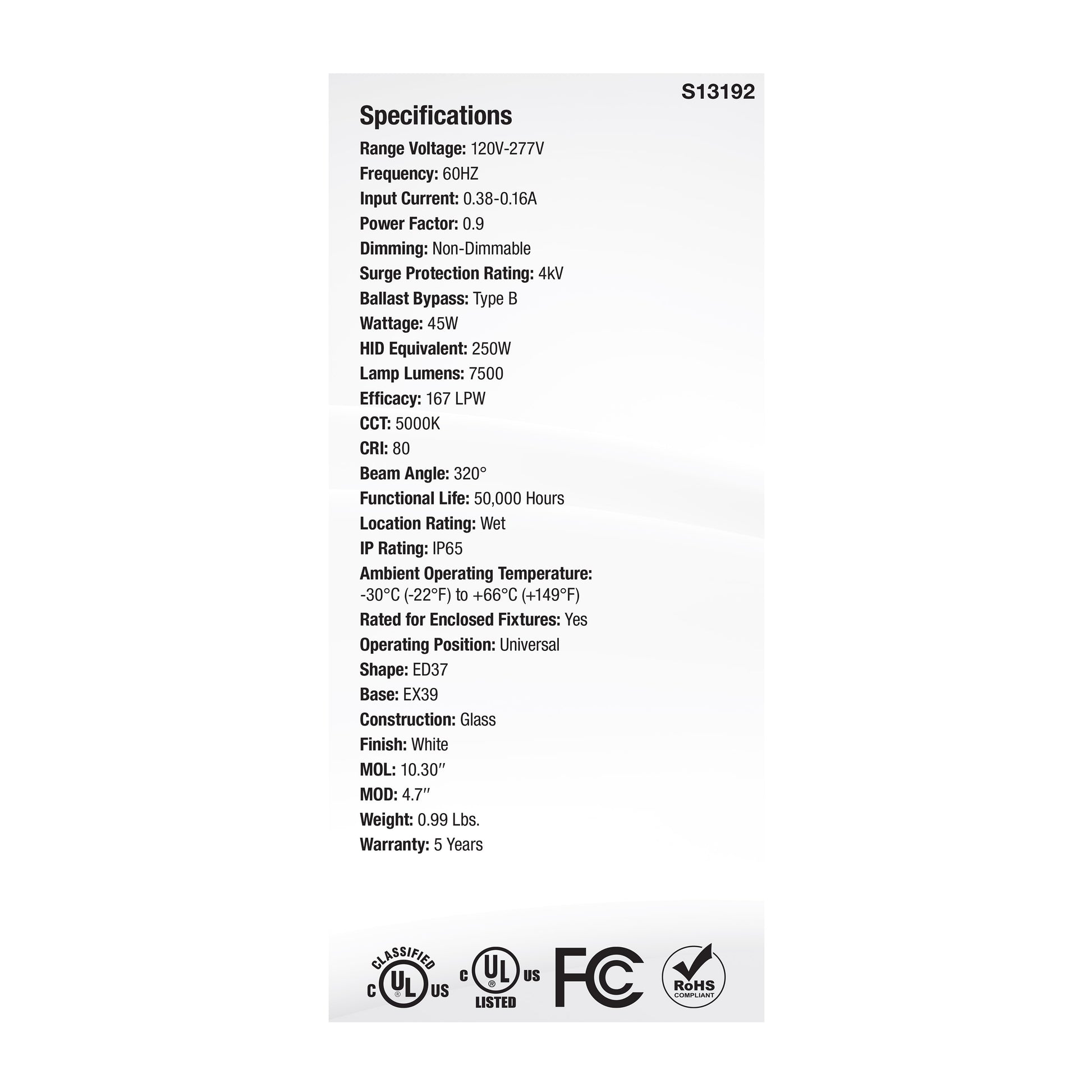 image of 45 Watt LED HID Replacement - ED37 - 5000K - Extended Mogul Base - White - 120-277 Range Voltage