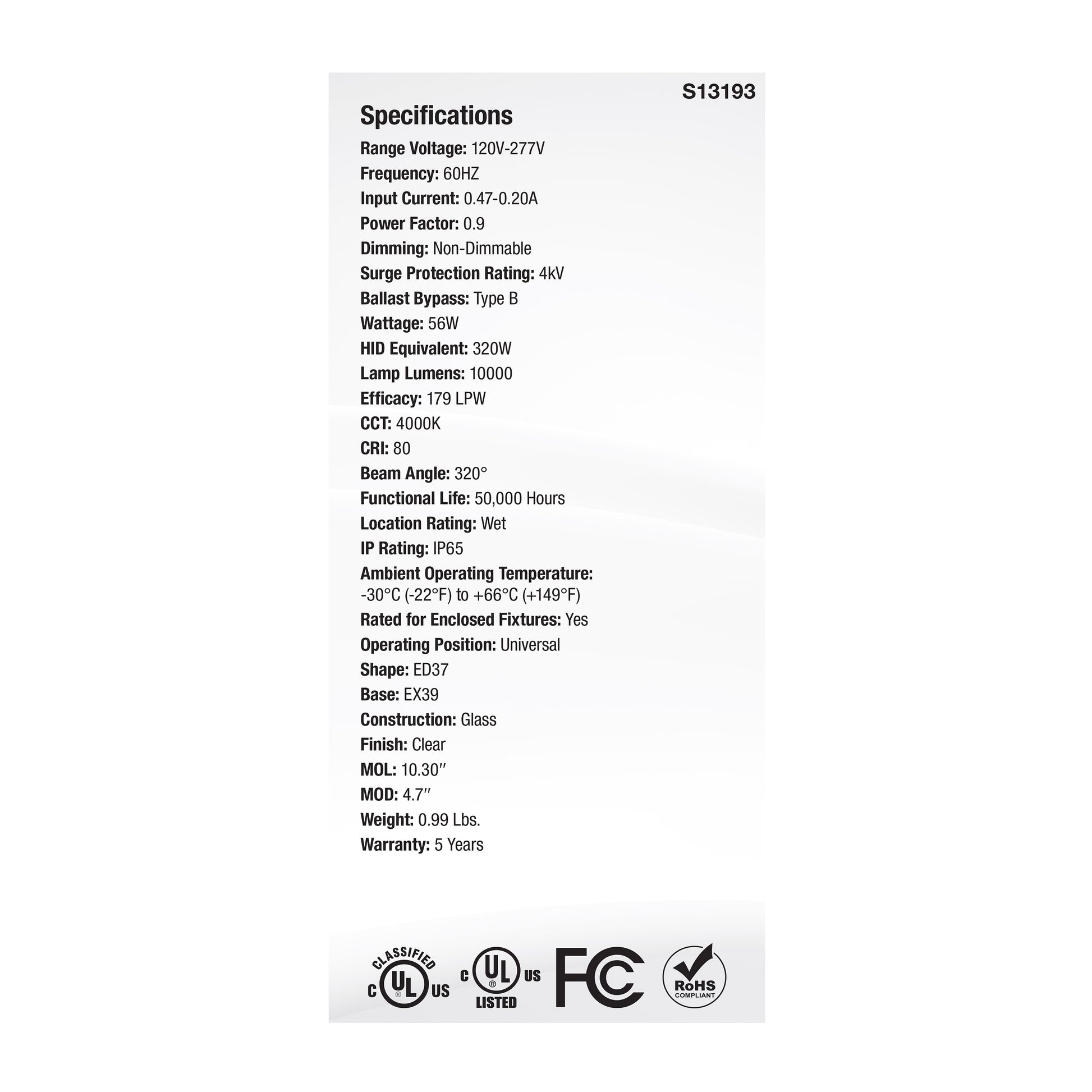 image of 56 Watt LED HID Replacement - ED37 - 4000K - Extended Mogul Base - Clear - 120-277 Range Voltage