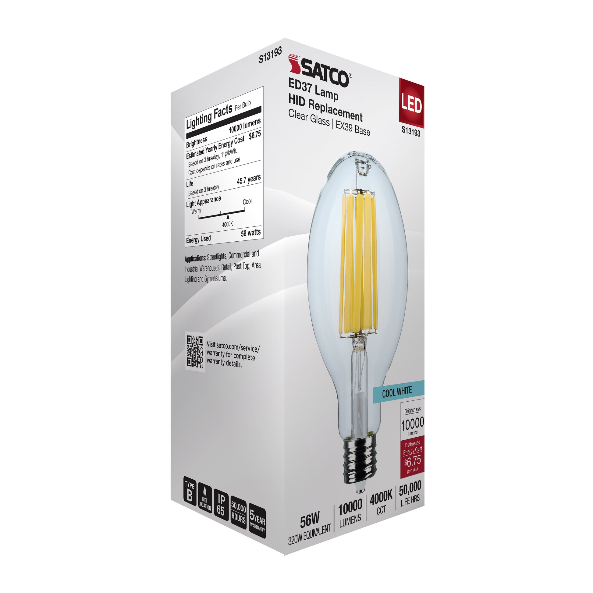 image of 56 Watt LED HID Replacement - ED37 - 4000K - Extended Mogul Base - Clear - 120-277 Range Voltage