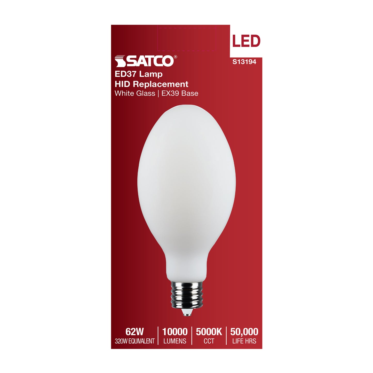 image of 62 Watt LED HID Replacement - ED37 - 5000K - Extended Mogul Base - White - 120-277 Range Voltage