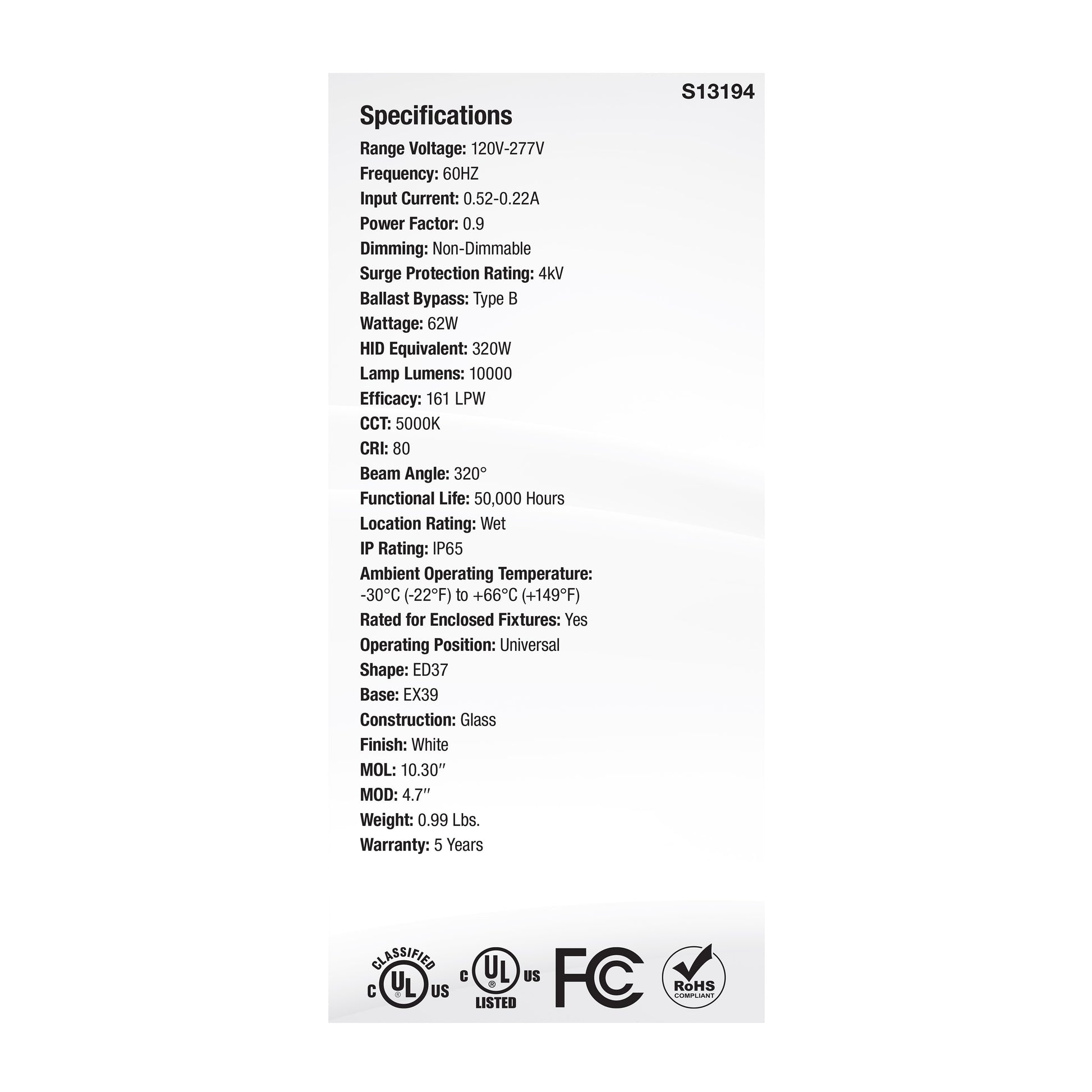 image of 62 Watt LED HID Replacement - ED37 - 5000K - Extended Mogul Base - White - 120-277 Range Voltage