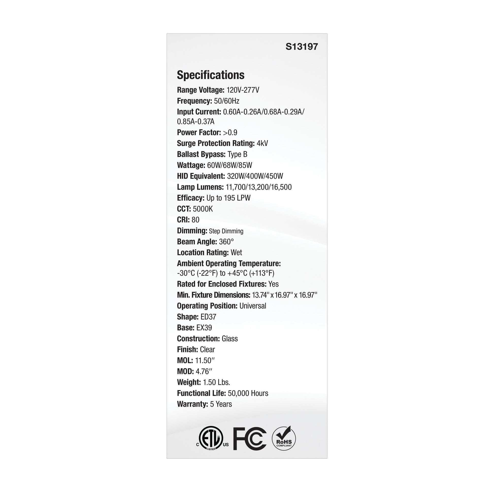 image of 30/38/45 Wattage Selectable LED HID Replacement - ED28 - 5000K - Mogul Extended Base - Clear - 120-277 Range Voltage