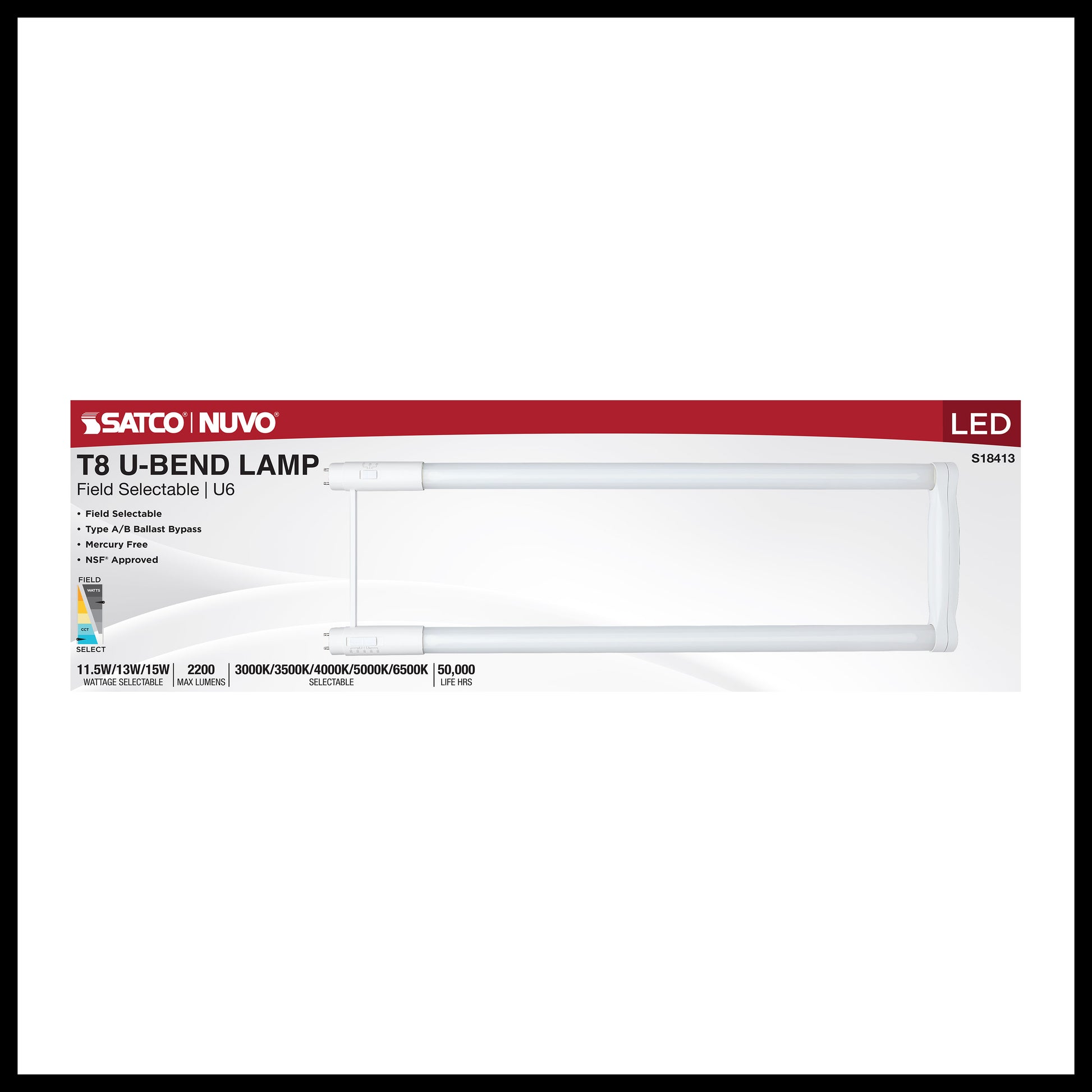 image of 11.5/13/15 Wattage Selectable T8 U-Bend LED - 30K/35K/40K/50K/65K CCT Selectable - 6-Inch - Frost Finish - 120-277 Range Voltage