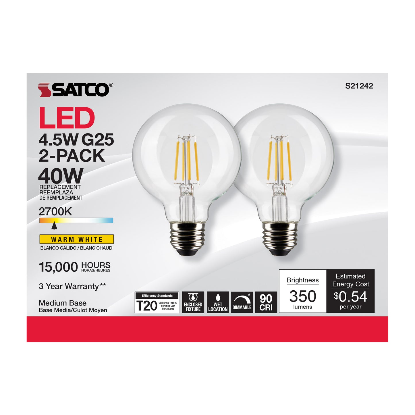 image of 4.5 Watt G25 LED - Clear - Medium base - 90 CRI - 2700K - 120 Volt - 2 Pack
