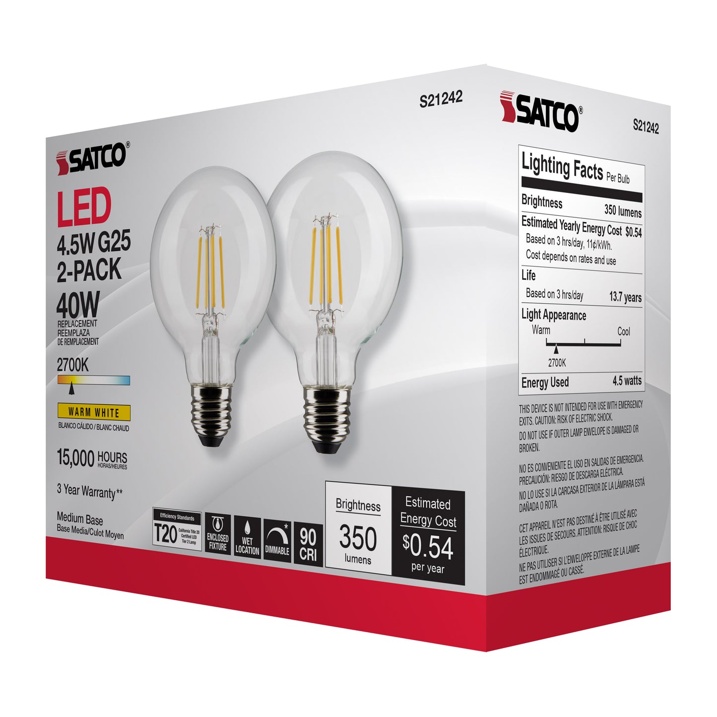 image of 4.5 Watt G25 LED - Clear - Medium base - 90 CRI - 2700K - 120 Volt - 2 Pack