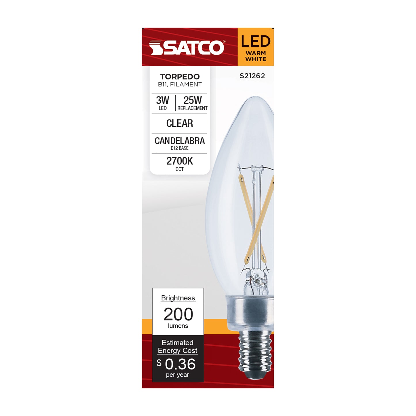 image of 3 Watt B11 LED - Clear - Candelabra base - 90 CRI - 2700K - 120 Volt