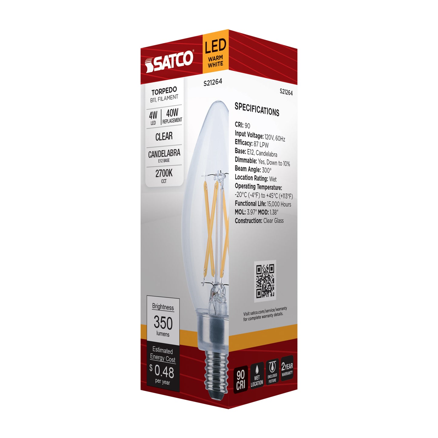 image of 4 Watt B11 LED - Clear - Candelabra base - 90 CRI - 2700K - 120 Volt