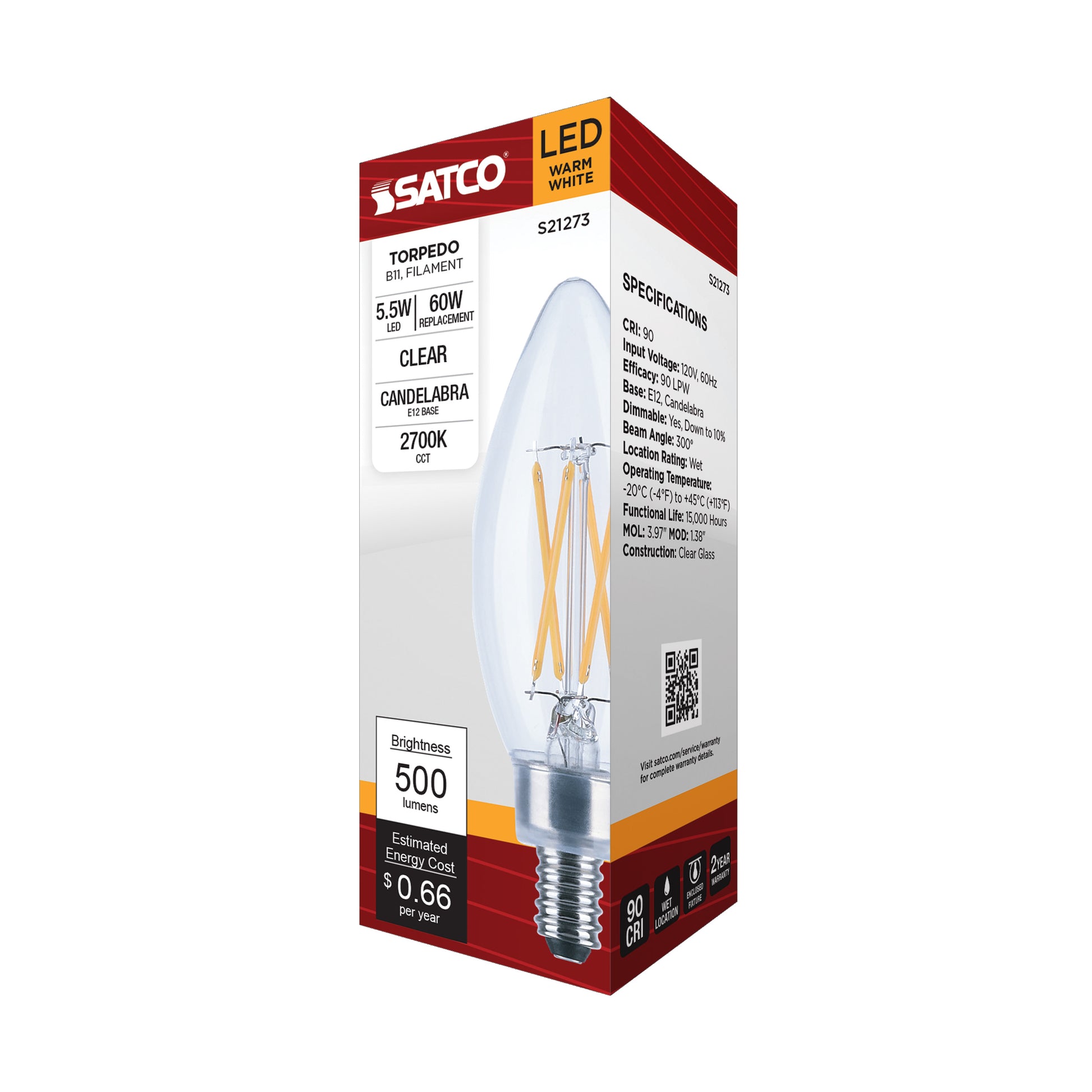 image of 5.5 Watt B11 LED - Clear - Candelabra base - 90 CRI - 2700K - 120 Volt