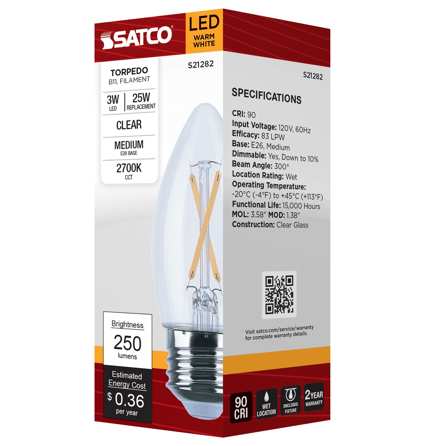 image of 3 Watt B11 LED - Clear - Medium base - 90 CRI - 2700K - 120 Volt