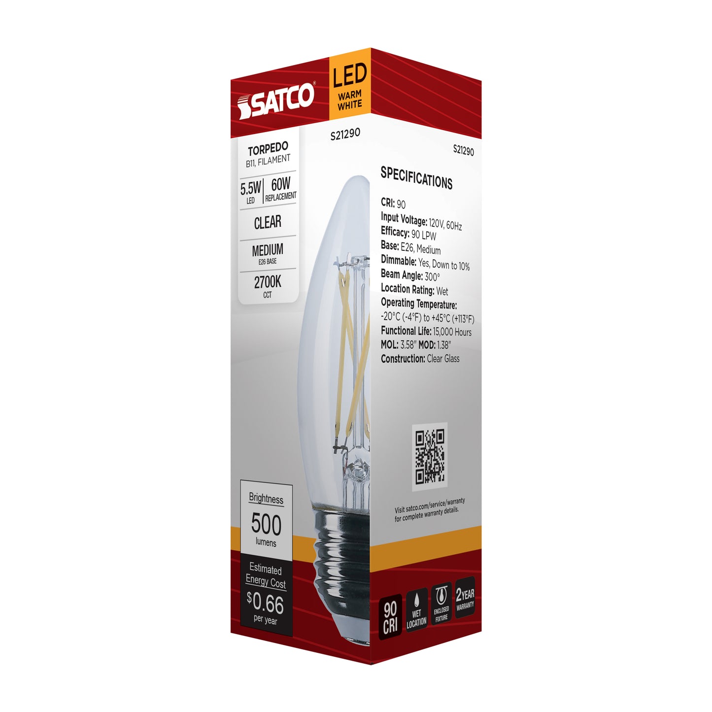 image of 5.5 Watt B11 LED - Clear - Medium base - 90 CRI - 2700K - 120 Volt