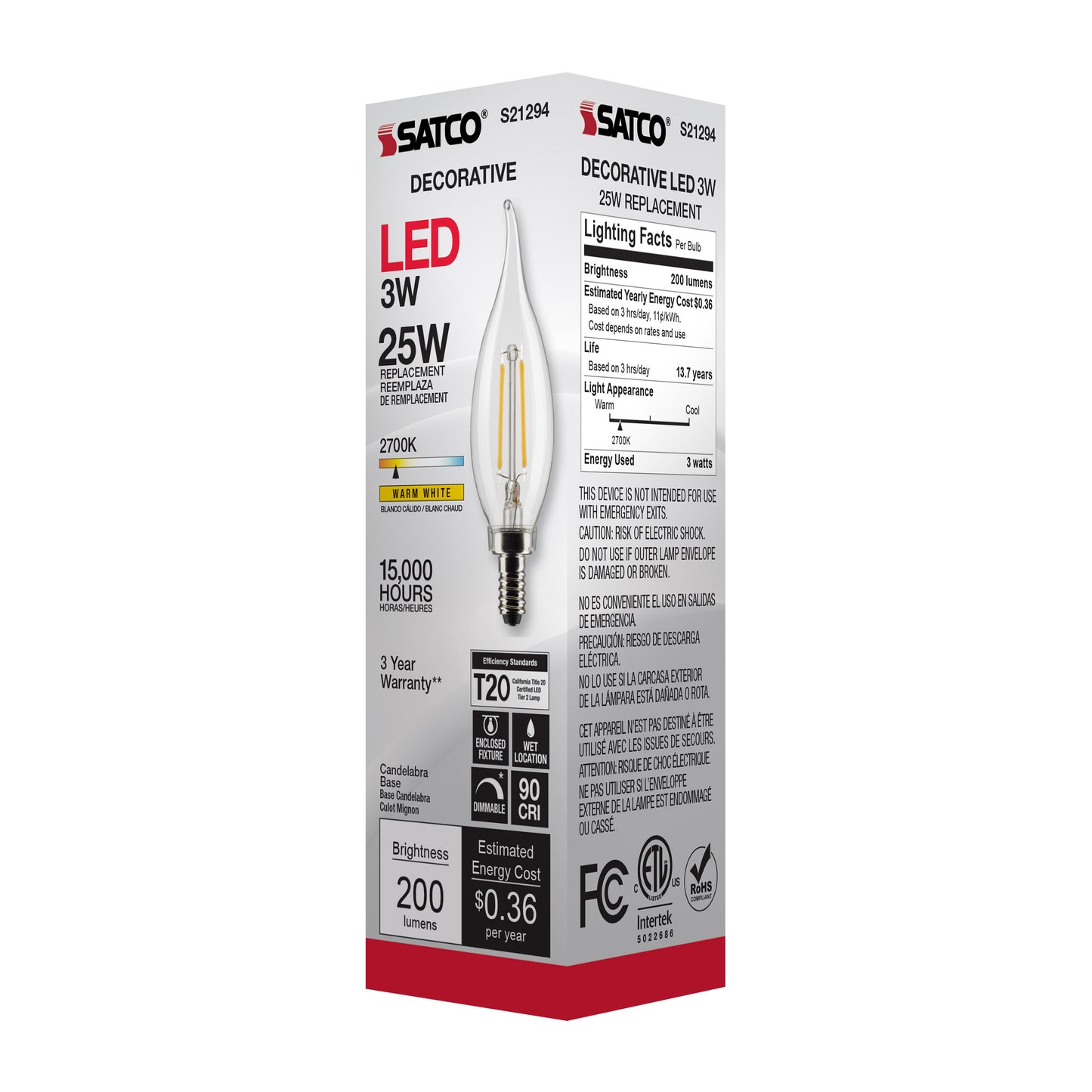 image of 3 Watt CA10 LED - Clear - Candelabra base - 90 CRI - 2700K - 120 Volt