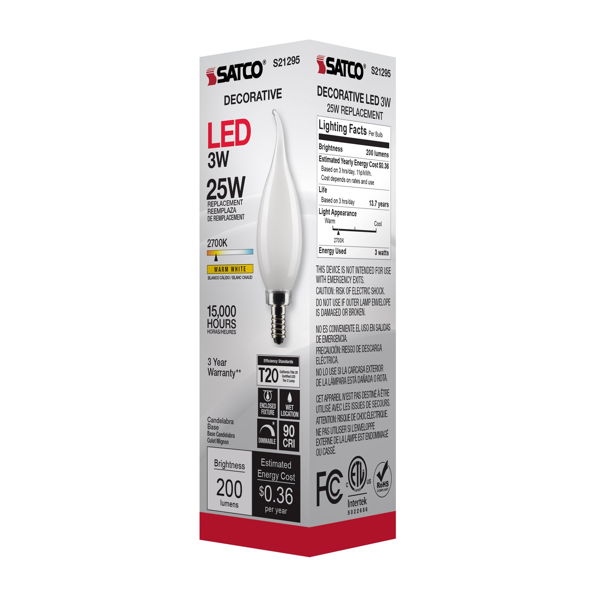 image of 3 Watt CA10 LED - Frost - Candelabra base - 90 CRI - 2700K - 120 Volt