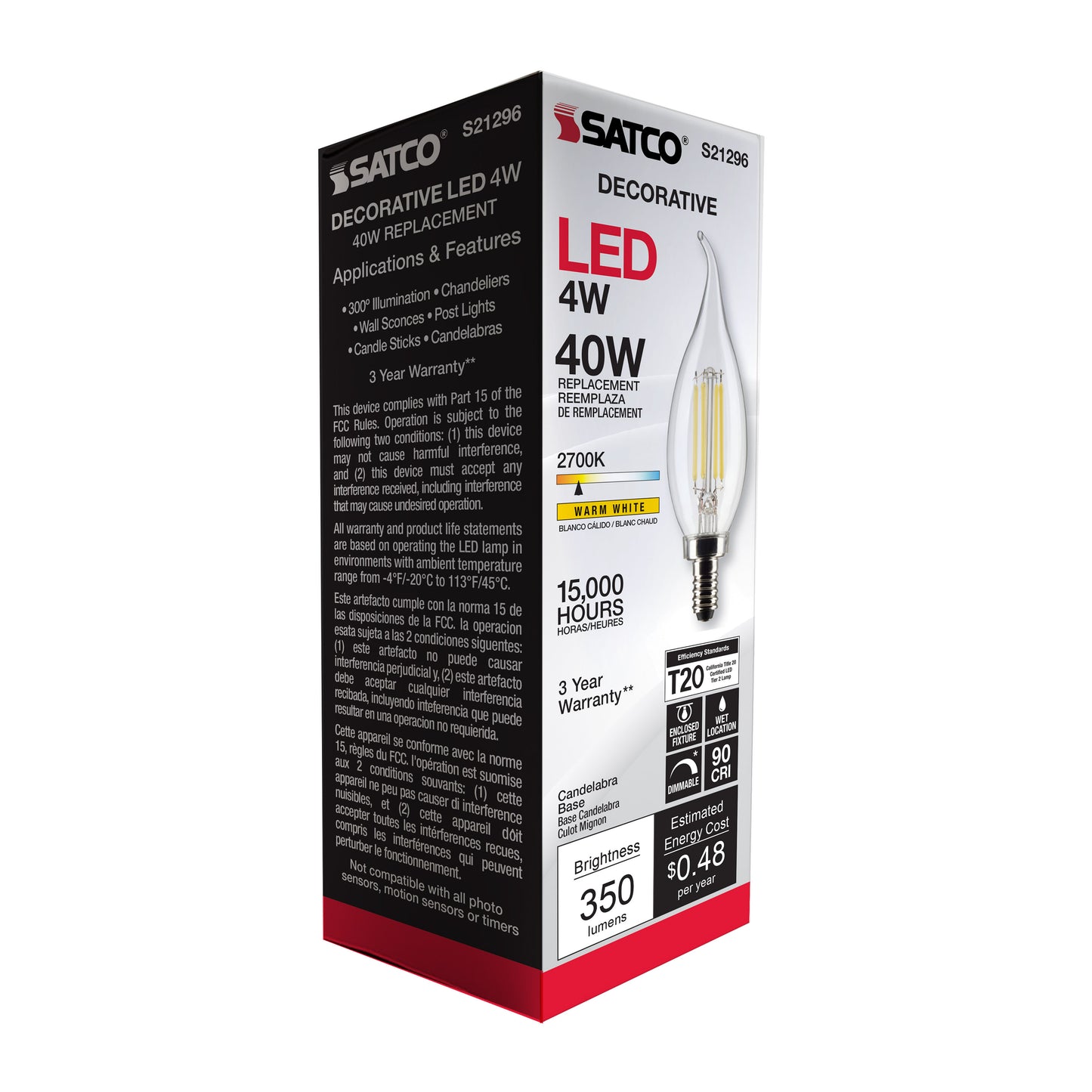 image of 4 Watt CA10 LED - Clear - Candelabra base - 90 CRI - 2700K - 120 Volt