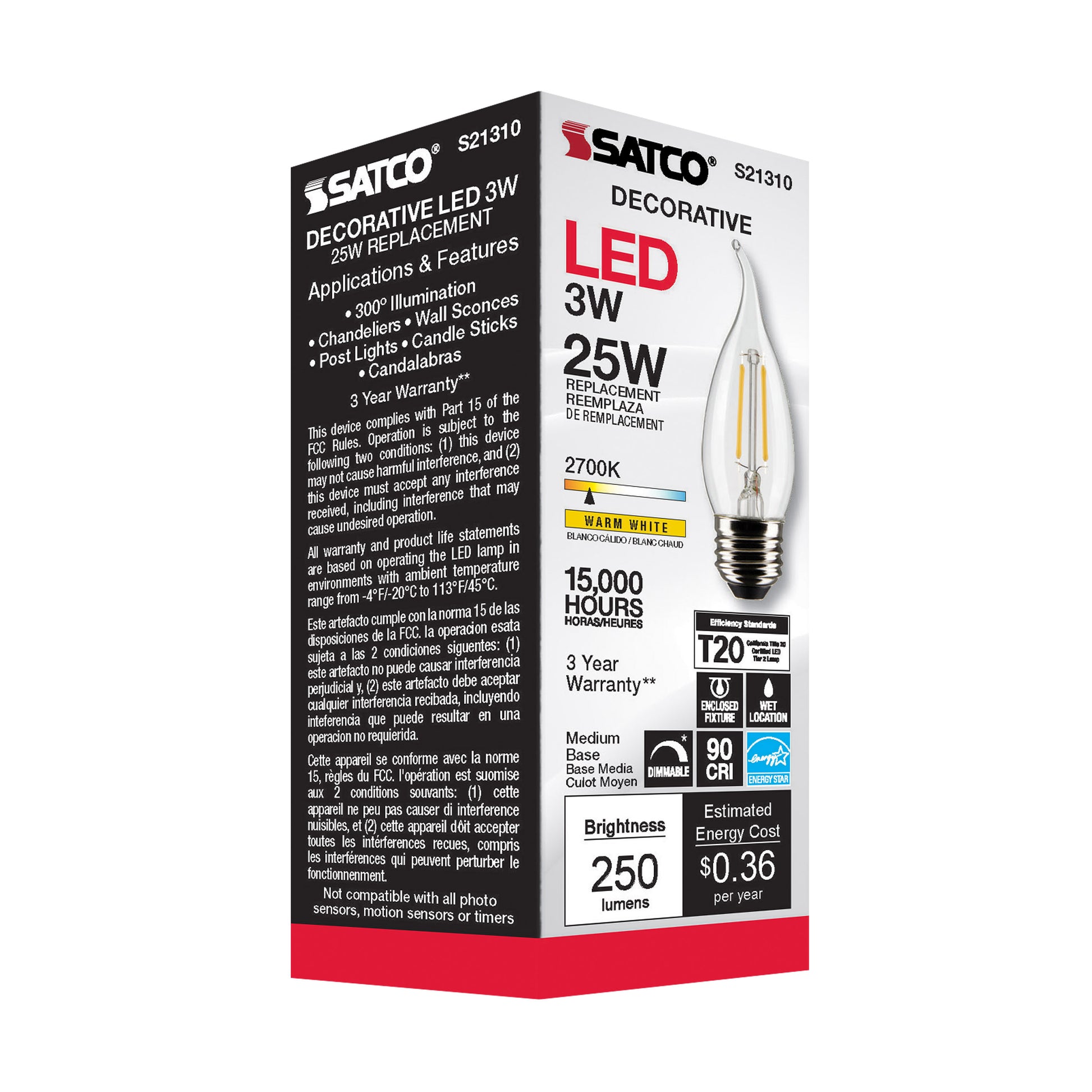image of 3 Watt CA10 LED - Clear - Medium base - 90 CRI - 2700K - 120 Volt