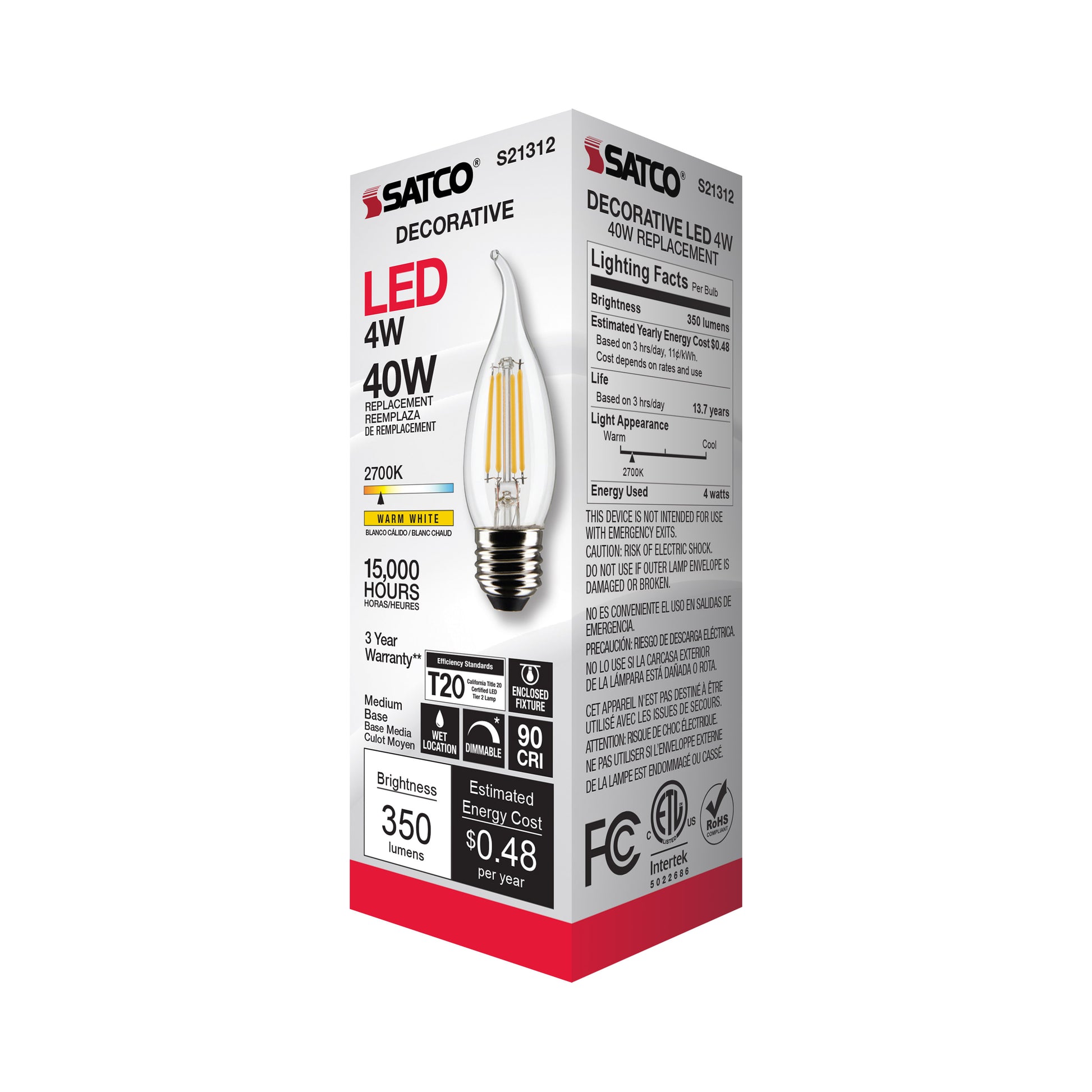 image of 4 Watt CA10 LED - Clear - Medium base - 90 CRI - 2700K - 120 Volt