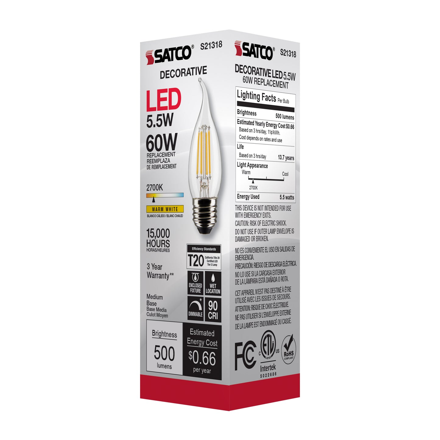 image of 5.5 Watt CA10 LED - Clear - Medium base - 90 CRI - 2700K - 120 Volt