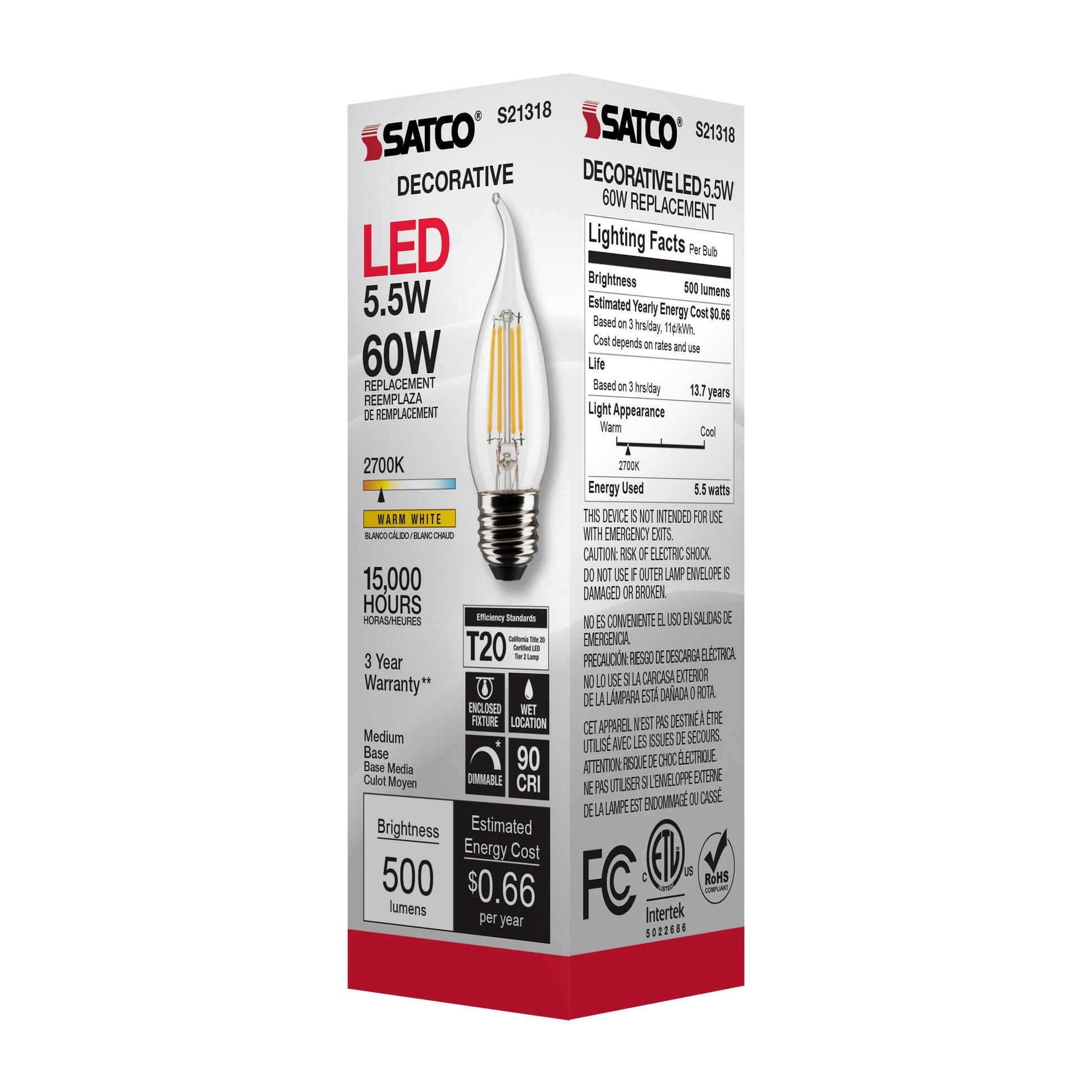 image of 5.5 Watt CA10 LED - Clear - Medium base - 90 CRI - 2700K - 120 Volt