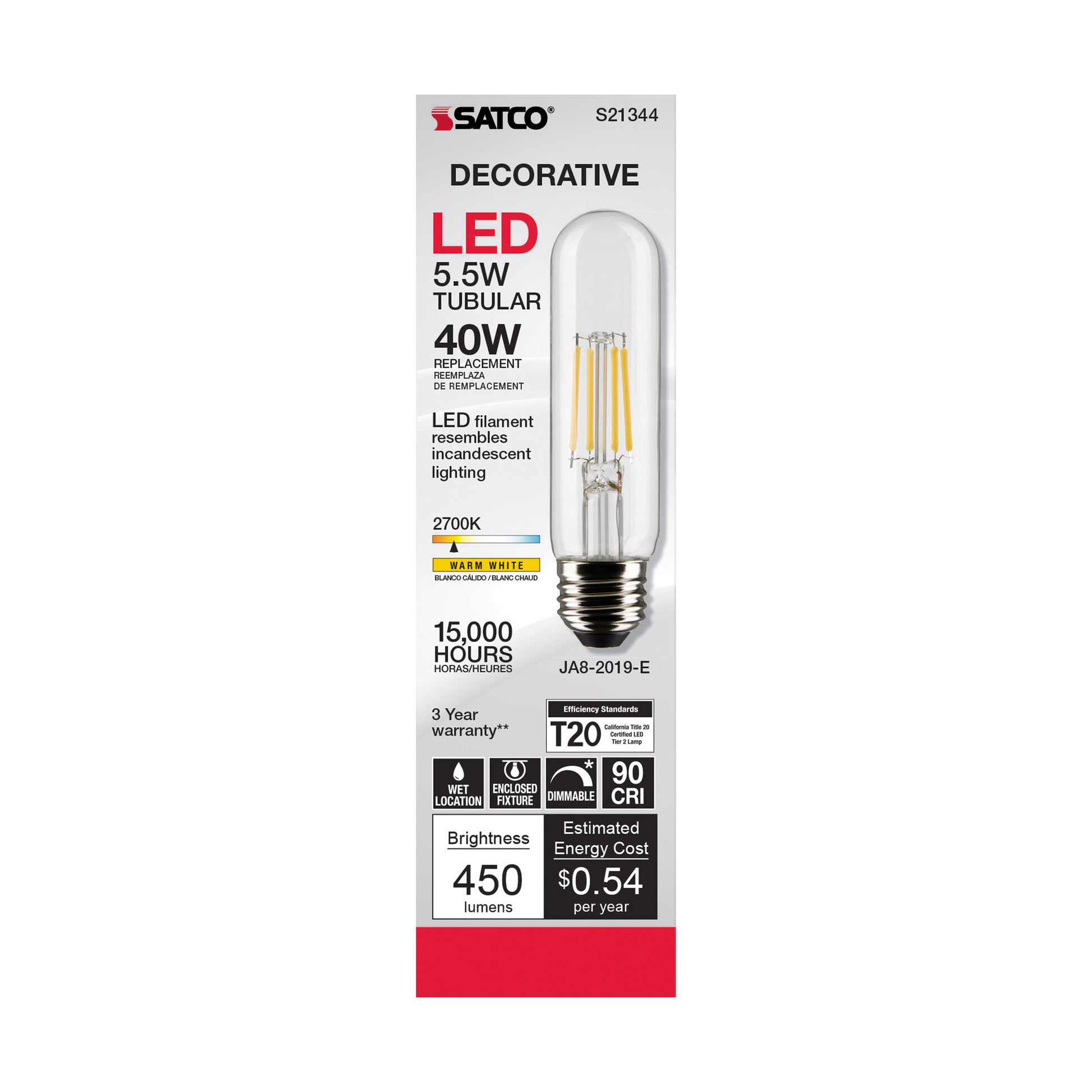 image of 5.5 Watt T10 LED - Clear - Medium base - 90 CRI - 2700K - 120 Volt