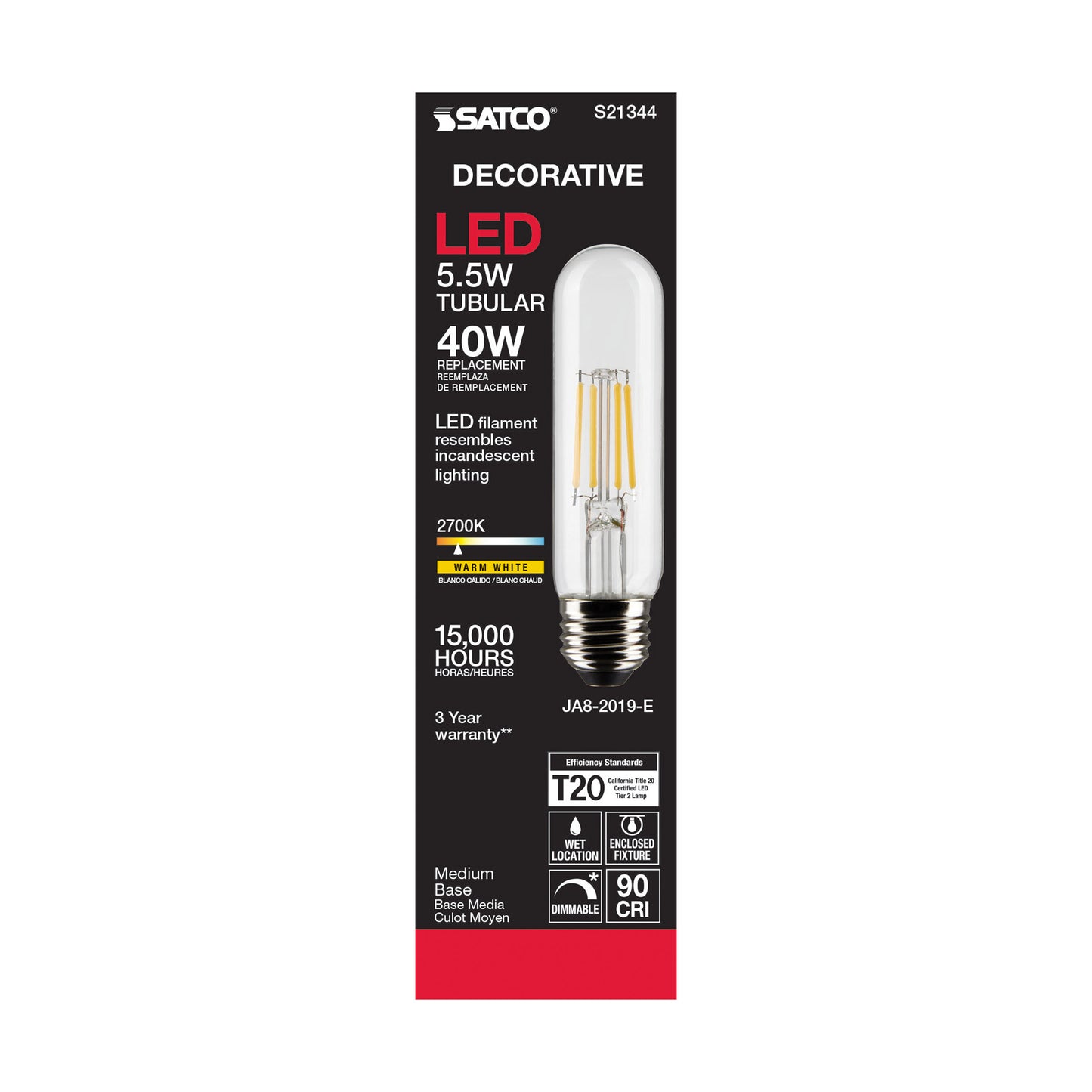 image of 5.5 Watt T10 LED - Clear - Medium base - 90 CRI - 2700K - 120 Volt