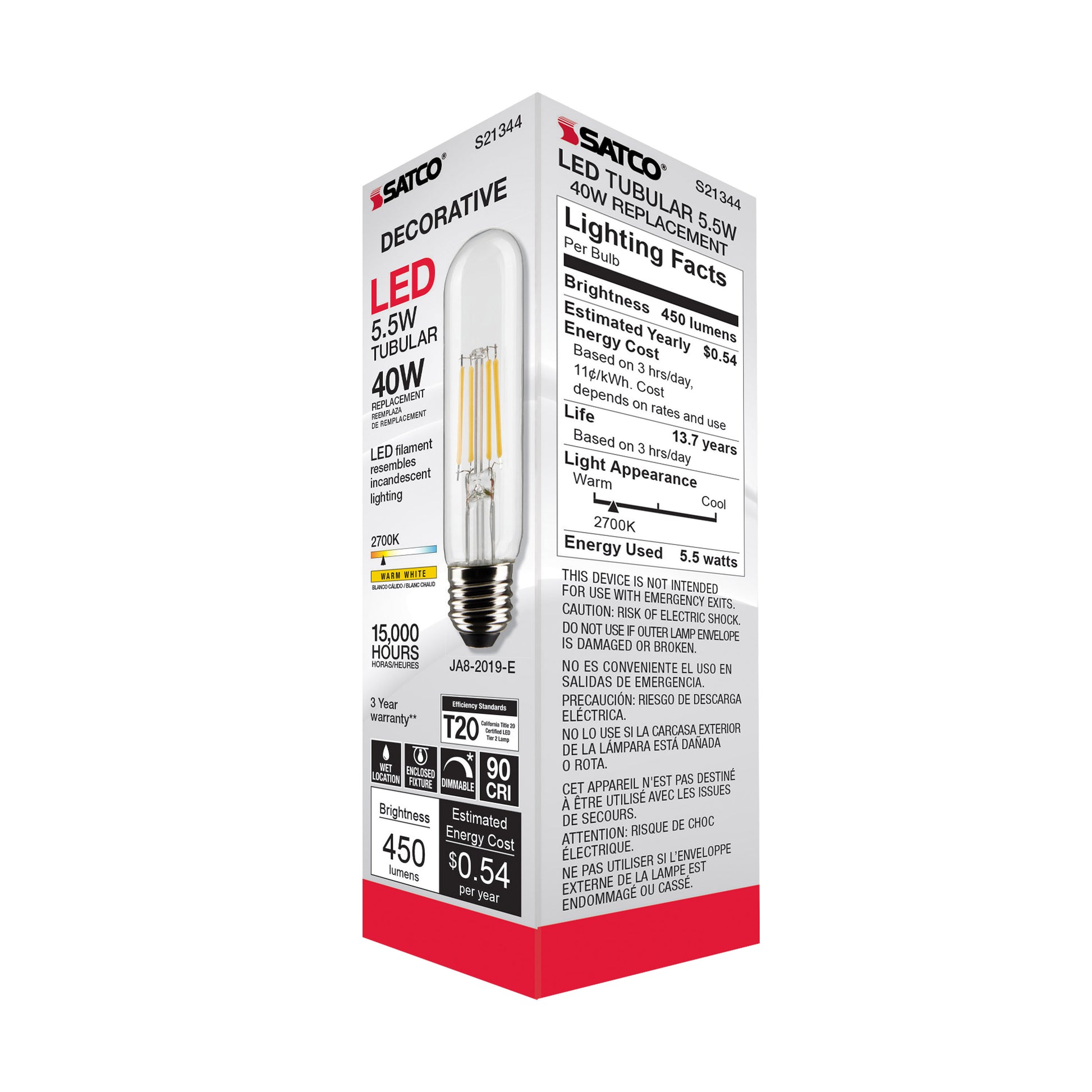 image of 5.5 Watt T10 LED - Clear - Medium base - 90 CRI - 2700K - 120 Volt