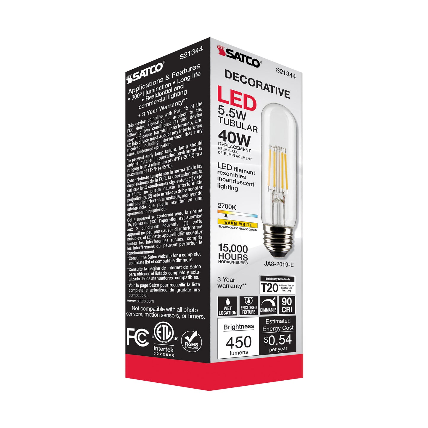 image of 5.5 Watt T10 LED - Clear - Medium base - 90 CRI - 2700K - 120 Volt