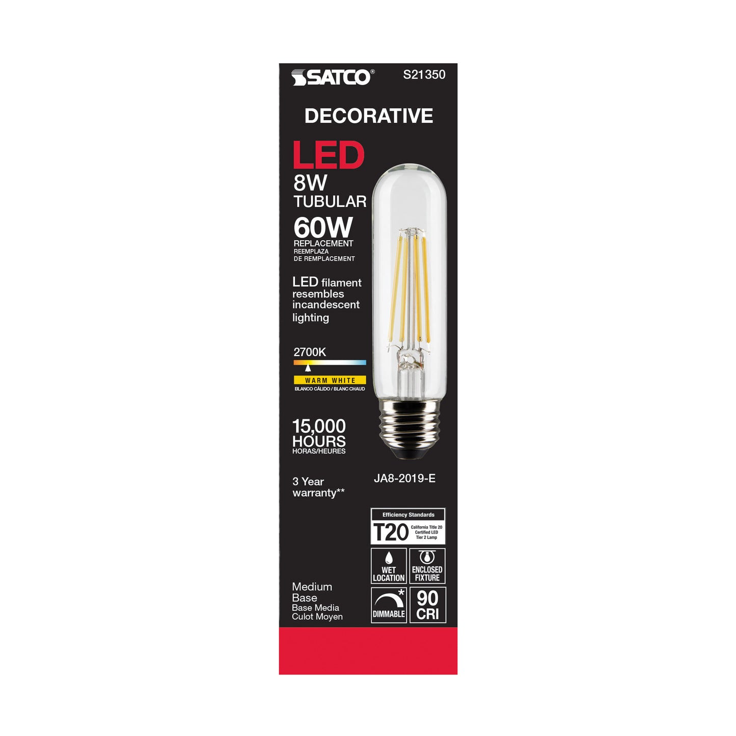 image of 8 Watt T10 LED - Clear - Medium base - 90 CRI - 2700K - 120 Volt