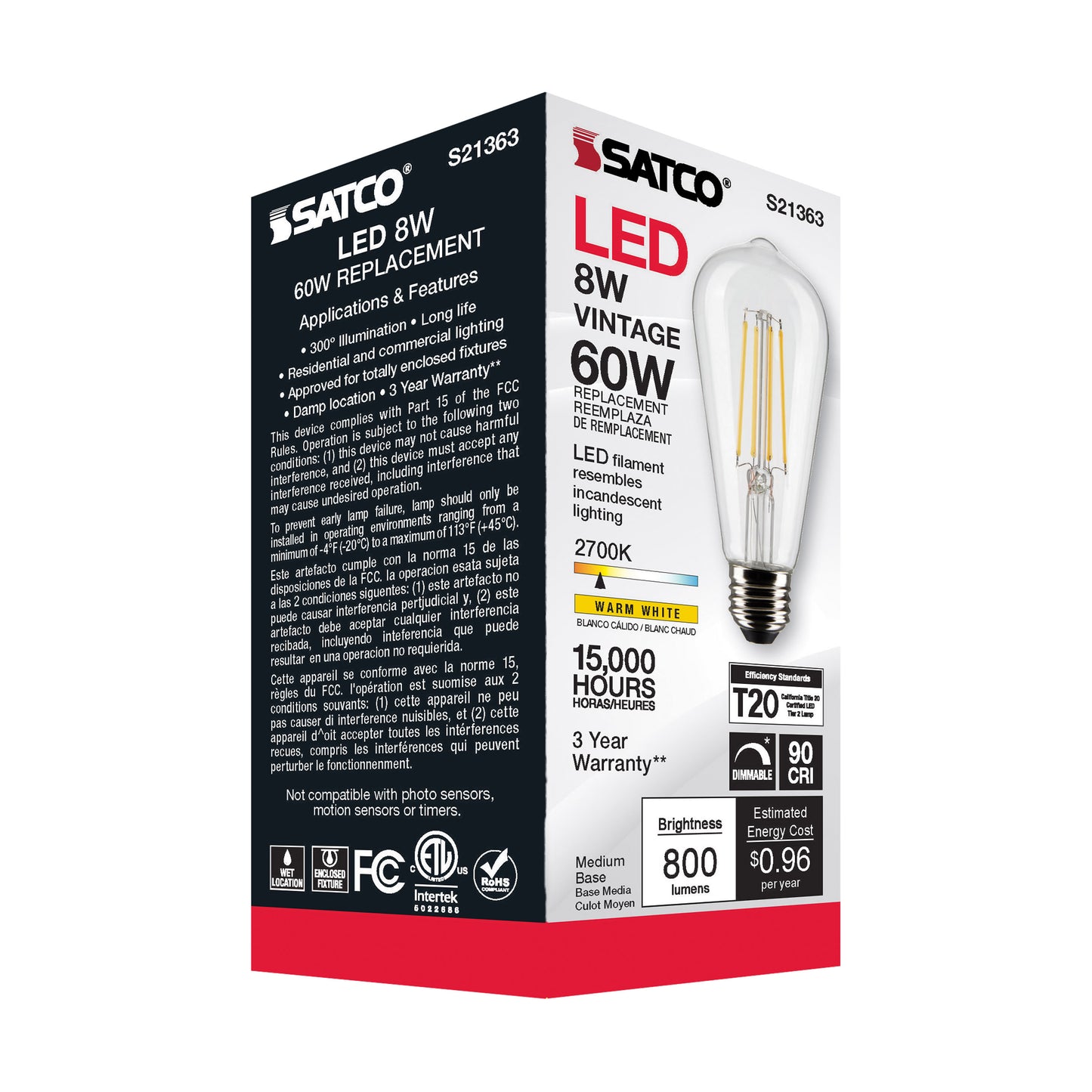 image of 8 Watt ST19 LED - Clear - Medium base - 90 CRI - 2700K - 120 Volt