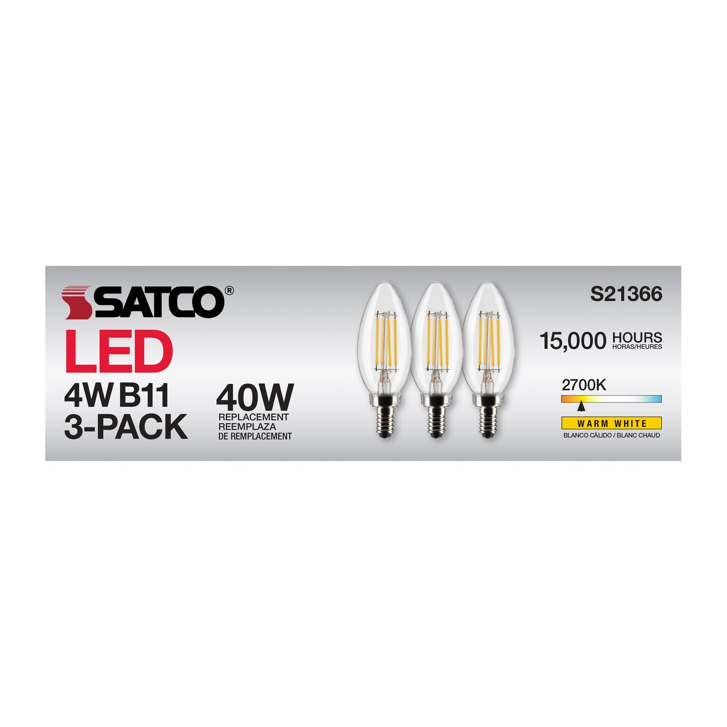 image of 4 Watt B11 LED - Clear - Candelabra base - 90 CRI - 2700K - 120 Volt - 3-Pack