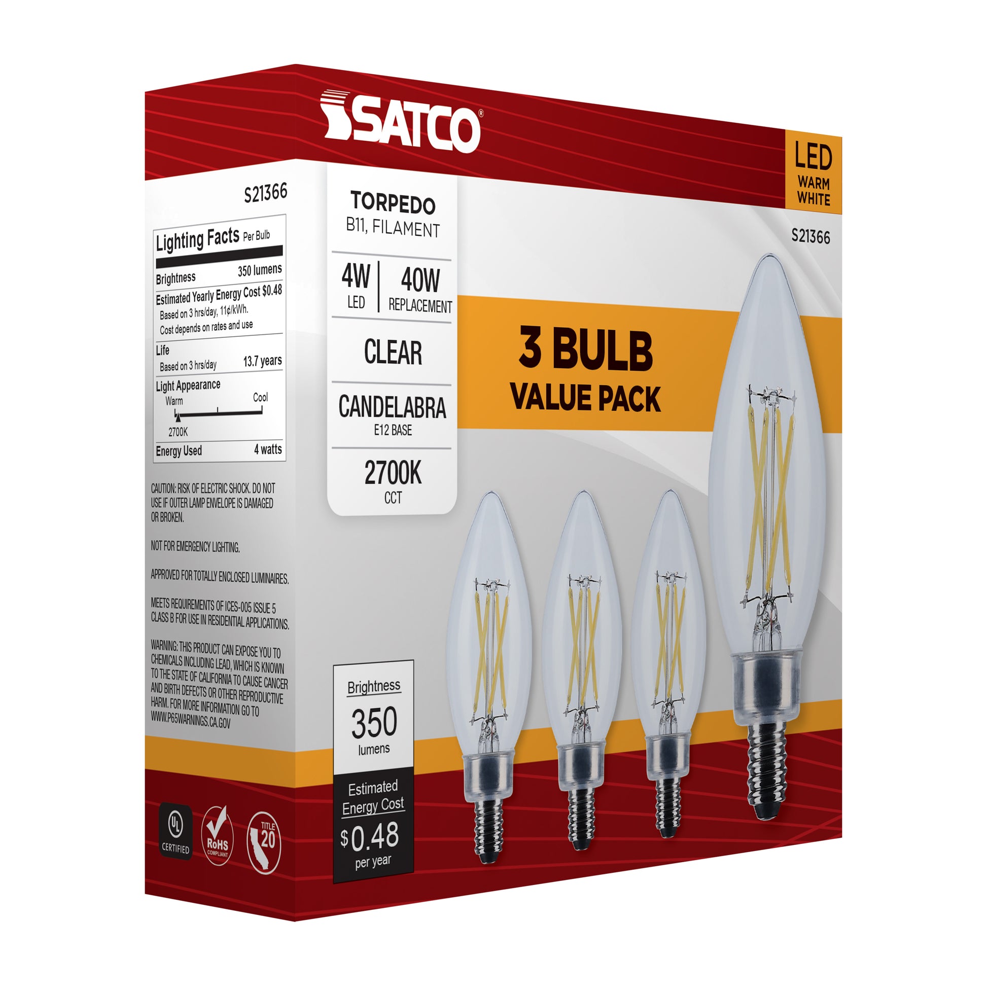 image of 4 Watt B11 LED - Clear - Candelabra base - 90 CRI - 2700K - 120 Volt - 3-Pack