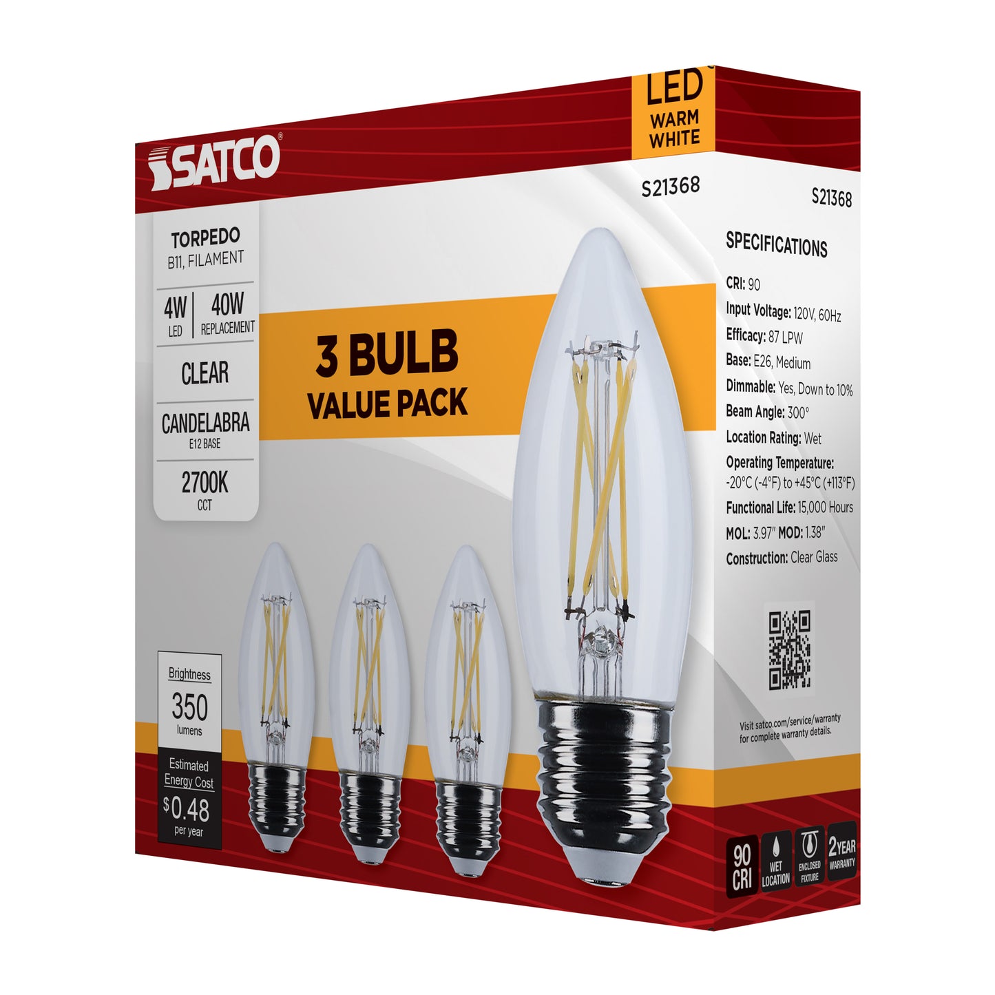 image of 4 Watt B11 LED - Clear - Medium base - 90 CRI - 2700K - 120 Volt - 3-Pack