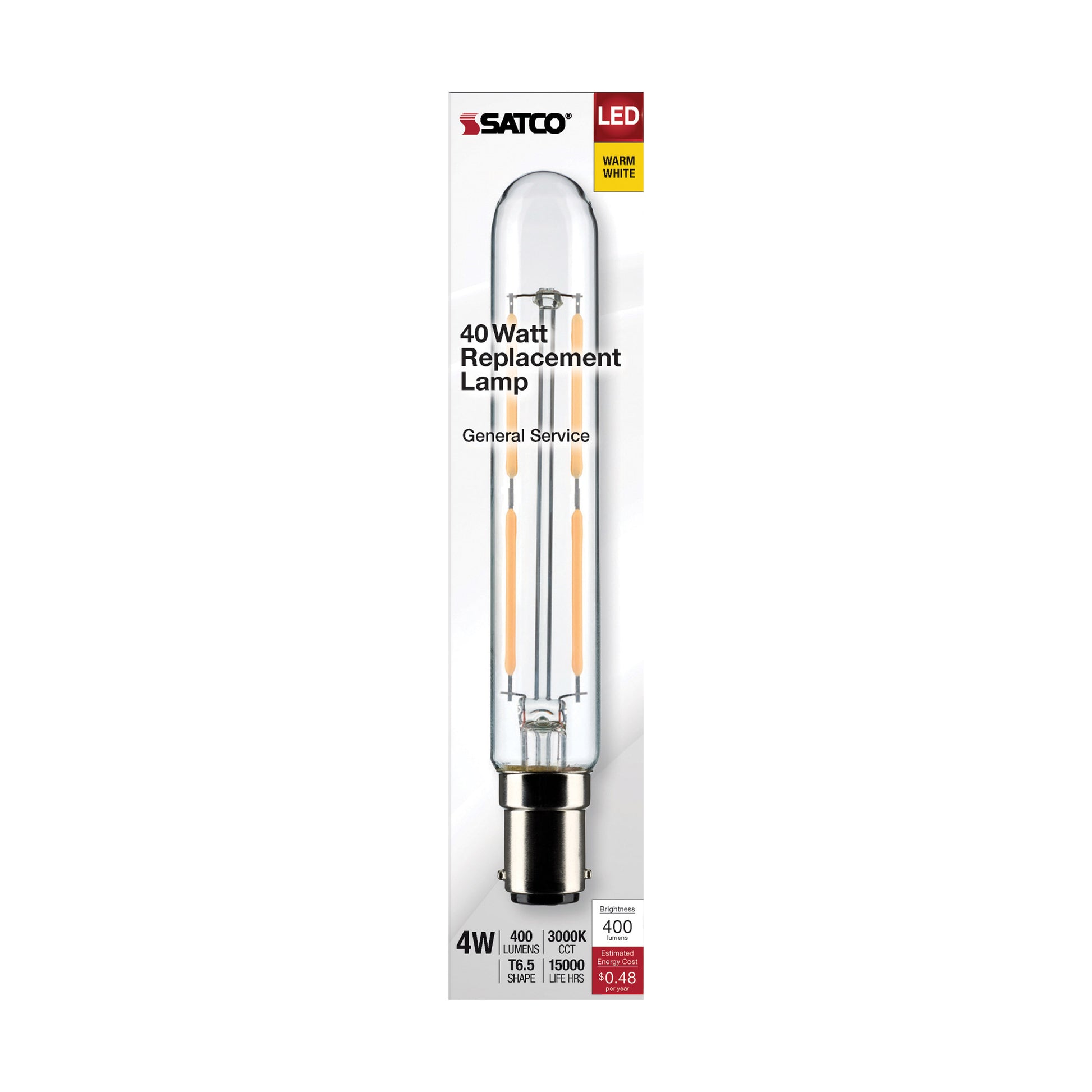 image of 4 Watt T6.5 LED - Clear - Double Contact Bayonet Base - 3000K - 400 Lumens - 120 Volt