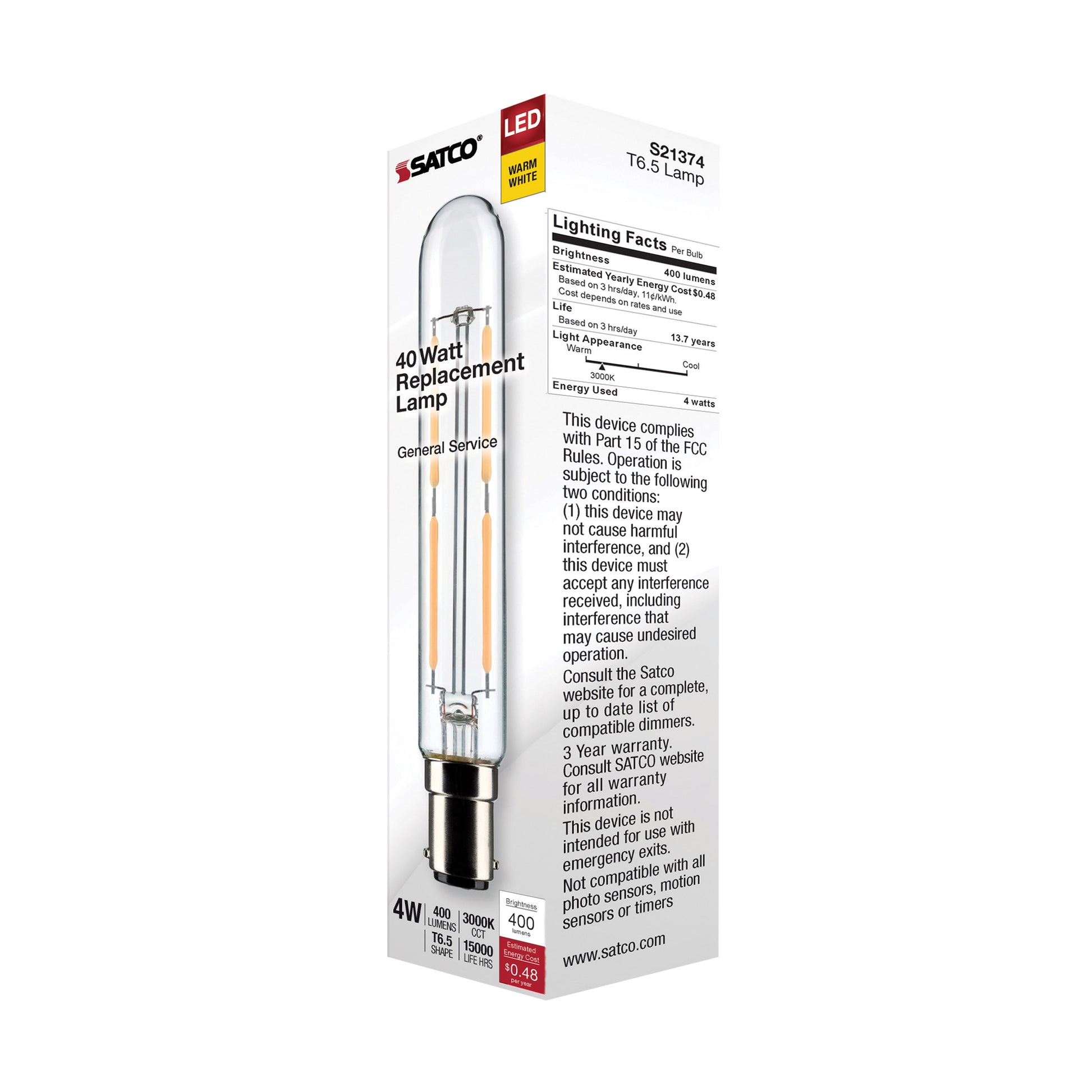 image of 4 Watt T6.5 LED - Clear - Double Contact Bayonet Base - 3000K - 400 Lumens - 120 Volt