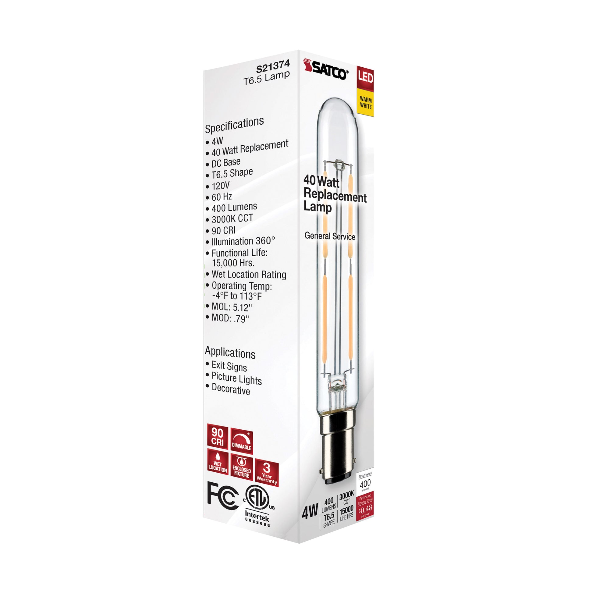 image of 4 Watt T6.5 LED - Clear - Double Contact Bayonet Base - 3000K - 400 Lumens - 120 Volt