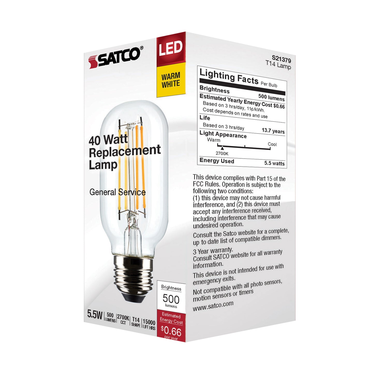 image of 5.5 Watt T14 LED - Clear - Medium Base - 2700K - 500 Lumens - 120 Volt