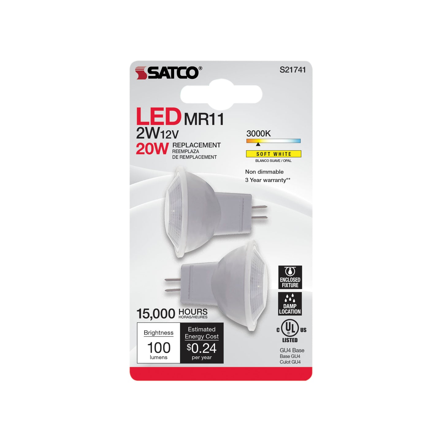 image of 2 Watt MR11 LED - GU4 base - 3000K - 12 Volt - 36 deg. Beam Angle - 2-Card