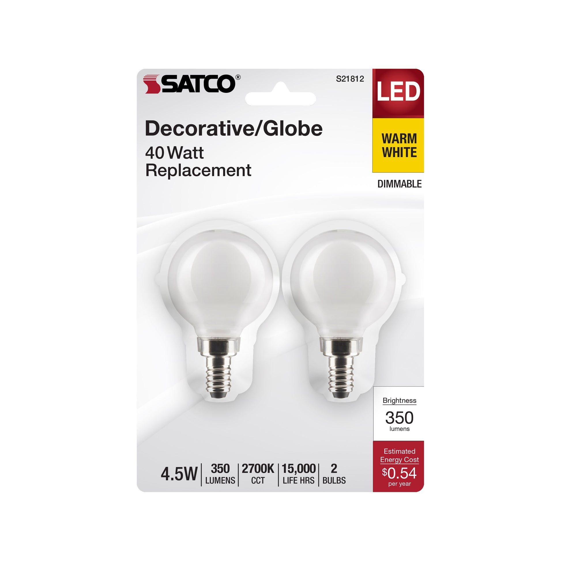 image of 4.5 Watt G16.5 LED - White - Candelabra Base - 2700K - 350 Lumens - 120 Volt - 2-Pack