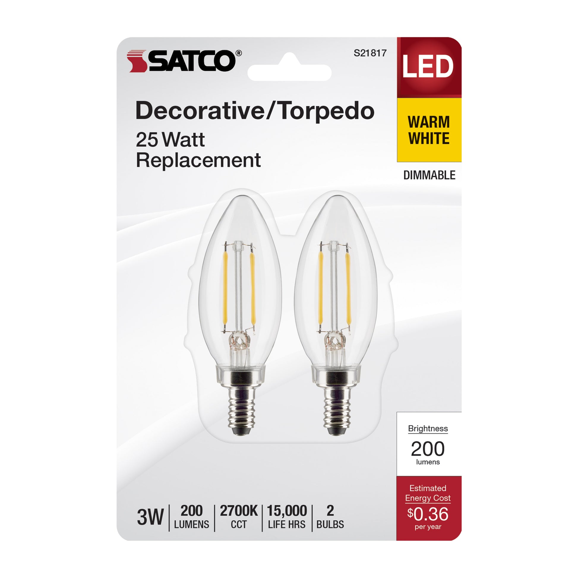 image of 3 Watt B11 LED - Clear - Candelabra Base - 2700K - 200 Lumens - 120 Volt - 2-Pack