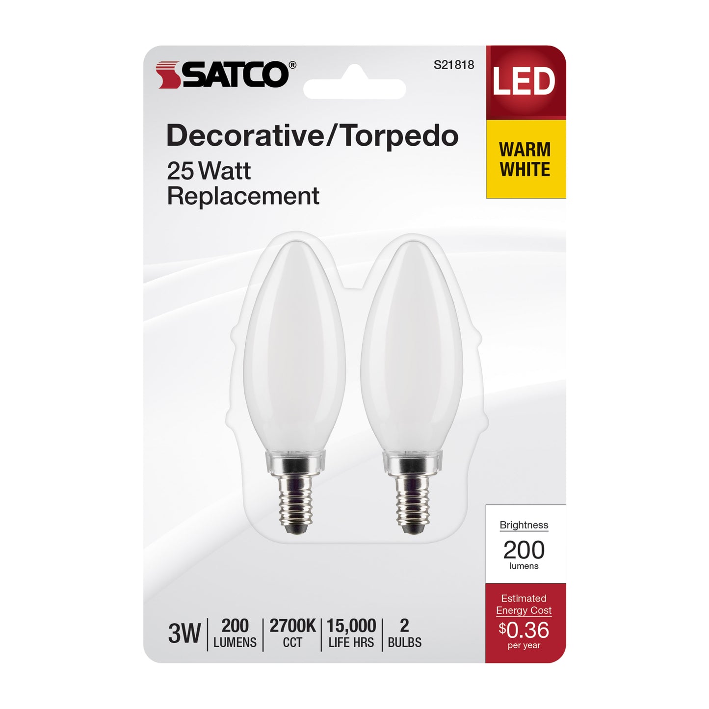 image of 3 Watt B11 LED - Frosted - Candelabra Base - 2700K - 200 Lumens - 120 Volt - 2-Pack