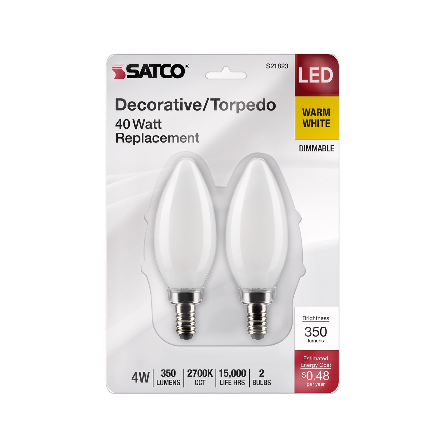 image of 4 Watt B11 LED - Frosted - Candelabra Base - 2700K - 350 Lumens - 120 Volt - 2-Pack