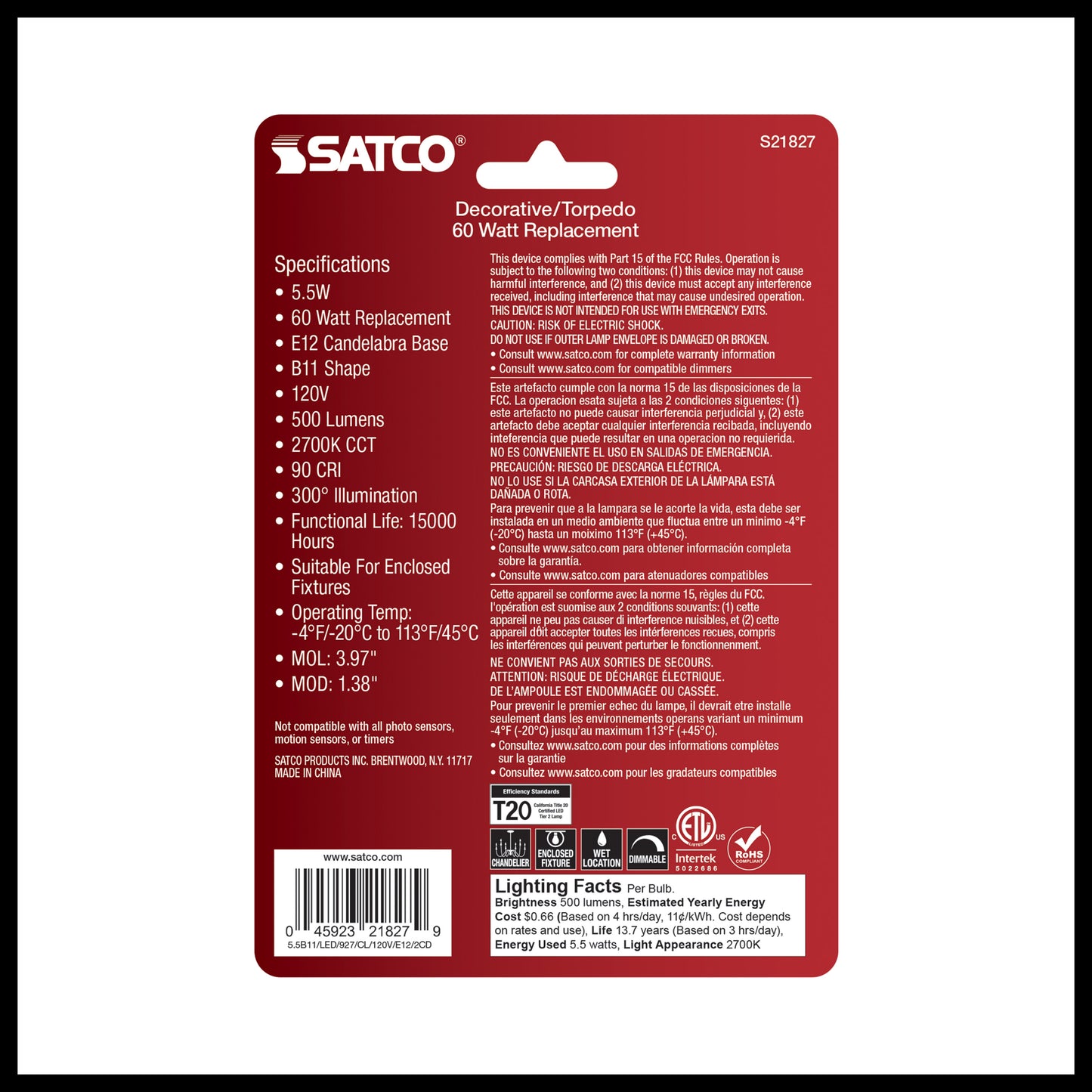 image of 5.5 Watt B11 LED - Clear - Candelabra Base - 2700K - 500 Lumens - 120 Volt - 2-Pack