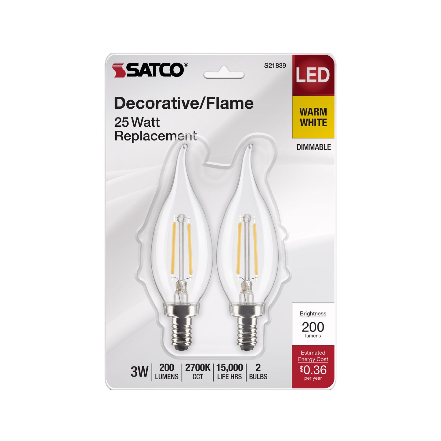 image of 3 Watt CA10 LED - Clear - Candelabra Base - 2700K - 200 Lumens - 120 Volt - 2-Pack