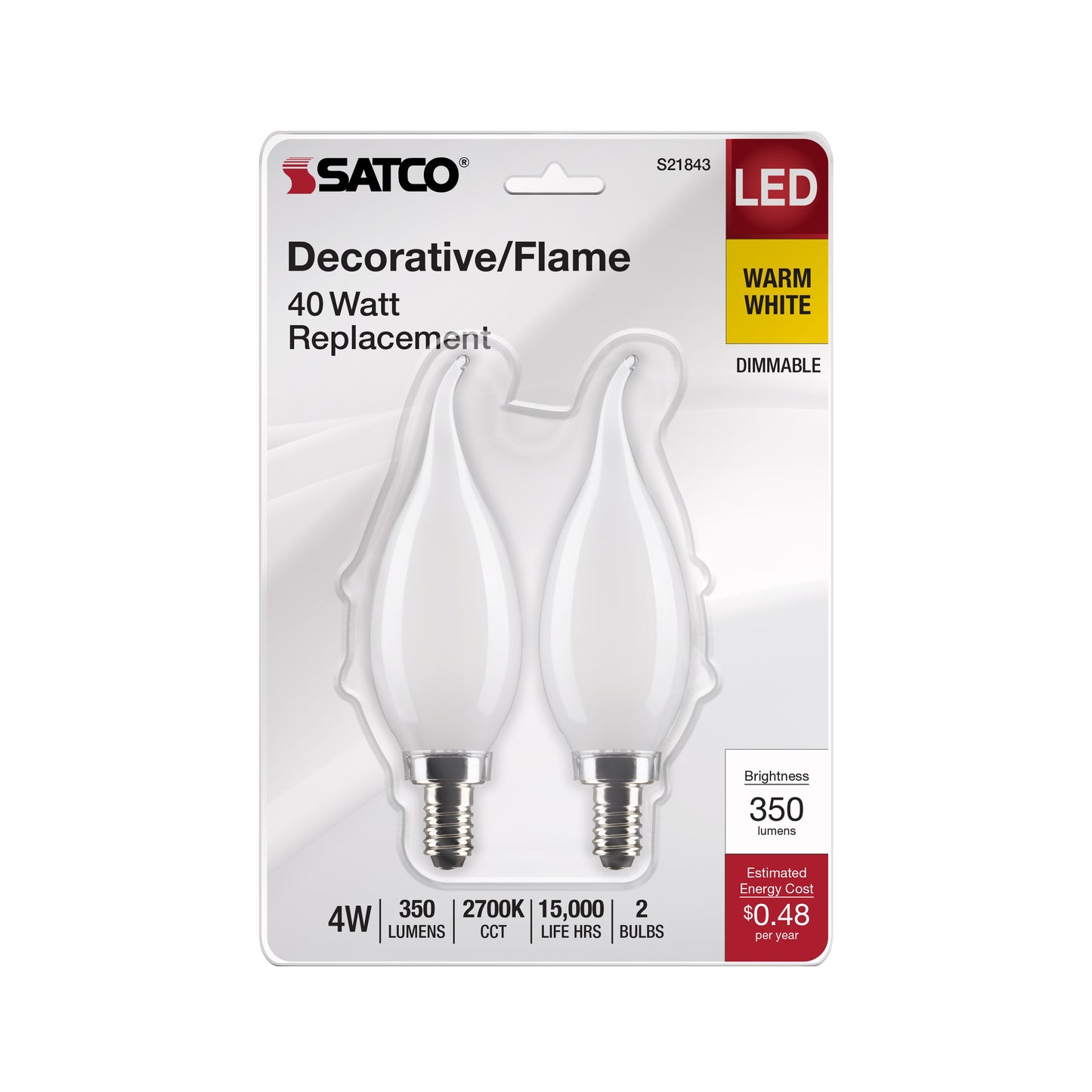 image of 4 Watt CA10 LED - Frosted - Candelabra Base - 2700K - 350 Lumens - 120 Volt - 2-Pack