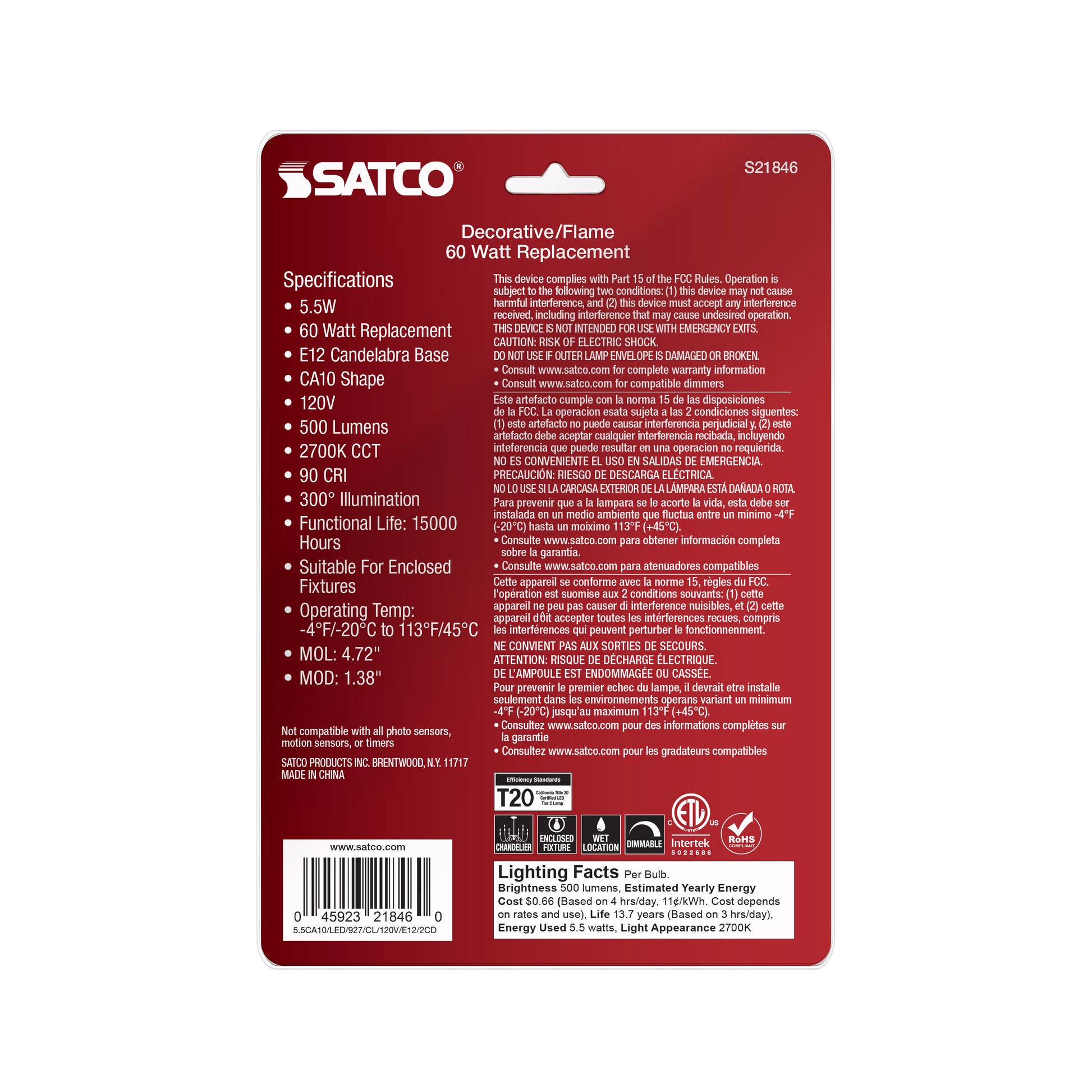 image of 5.5 Watt CA10 LED - Clear - Candelabra Base - 2700K - 500 Lumens - 120 Volt - 2-Pack