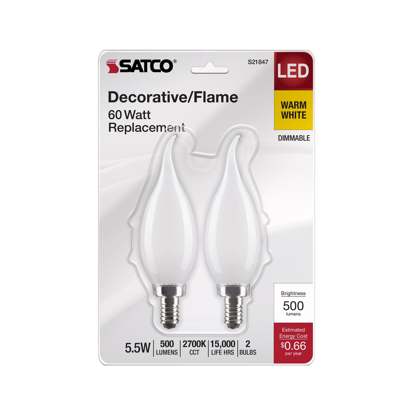 image of 5.5 Watt CA10 LED - Frosted - Candelabra Base - 2700K - 500 Lumens - 120 Volt - 2-Pack