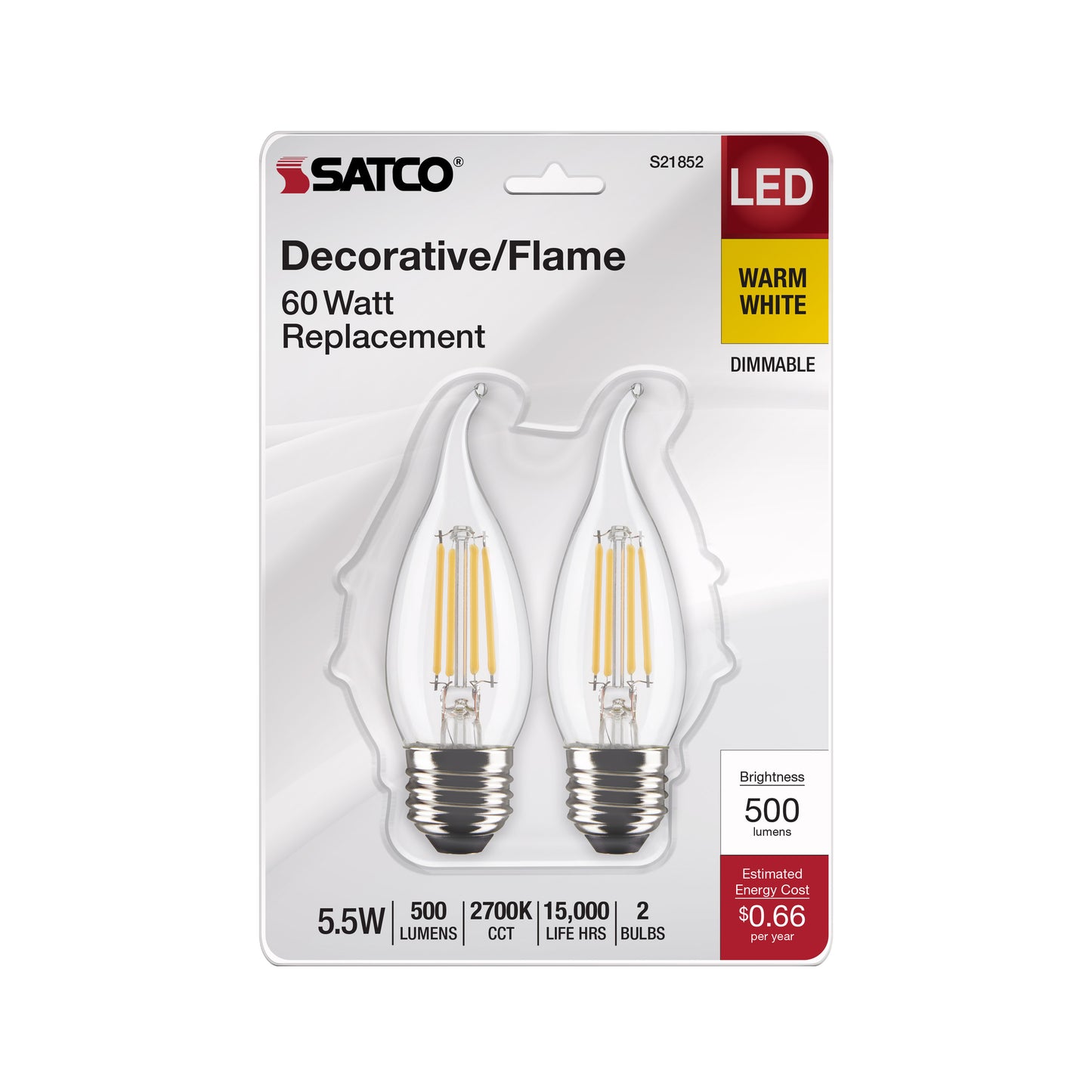 image of 5.5 Watt CA10 LED - Clear - Medium Base - 2700K - 500 Lumens - 120 Volt - 2-Card