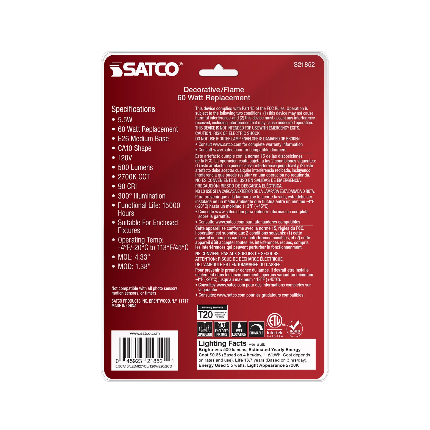 image of 5.5 Watt CA10 LED - Clear - Medium Base - 2700K - 500 Lumens - 120 Volt - 2-Card